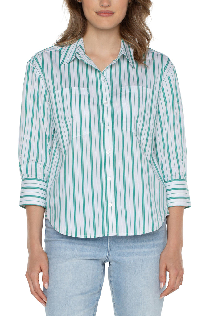 Liverpool Button Front Shirt With Three Fourths Sleeve In Teal White Green Stripe-Tops-Liverpool-Deja Nu Boutique, Women's Fashion Boutique in Lampasas, Texas