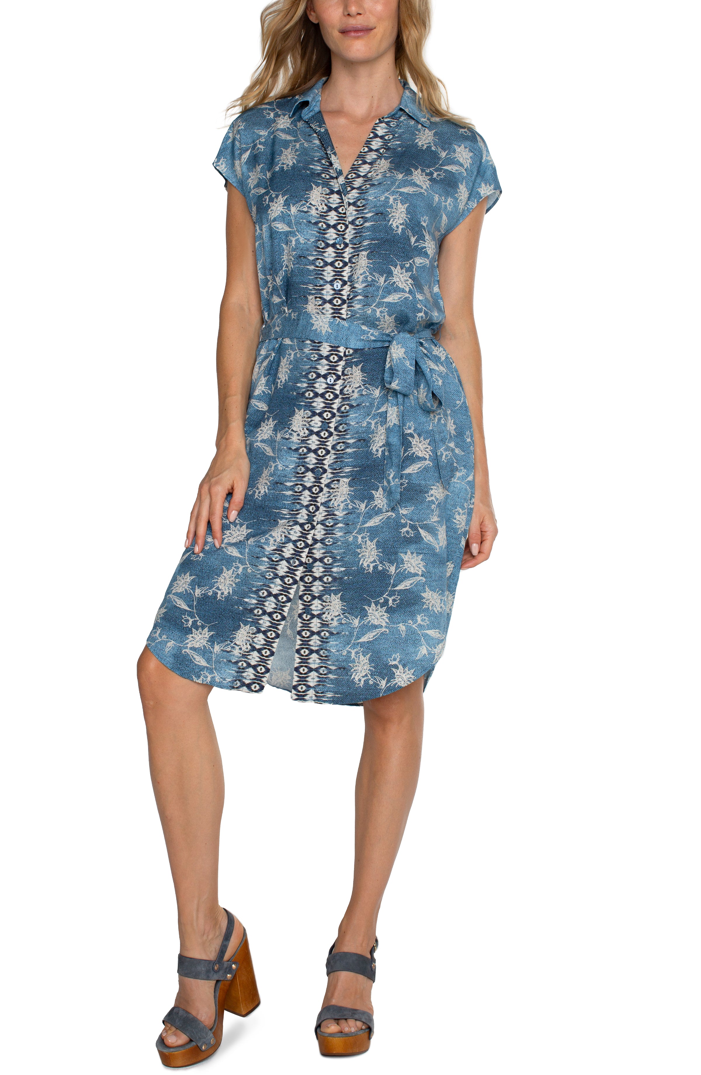 Liverpool Collard Button Front Dress With Belt In Blue Patchwork Floral-Dresses-Liverpool-Deja Nu Boutique, Women's Fashion Boutique in Lampasas, Texas