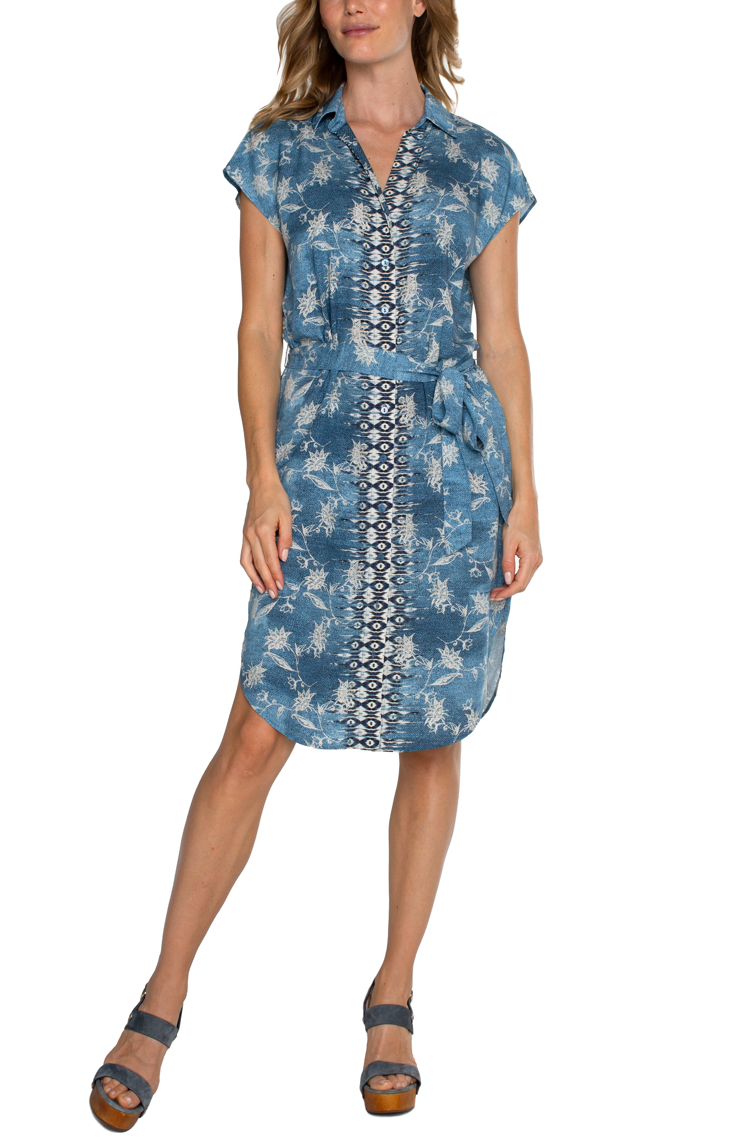 Liverpool Collard Button Front Dress With Belt In Blue Patchwork Floral-Dresses-Liverpool-Deja Nu Boutique, Women's Fashion Boutique in Lampasas, Texas