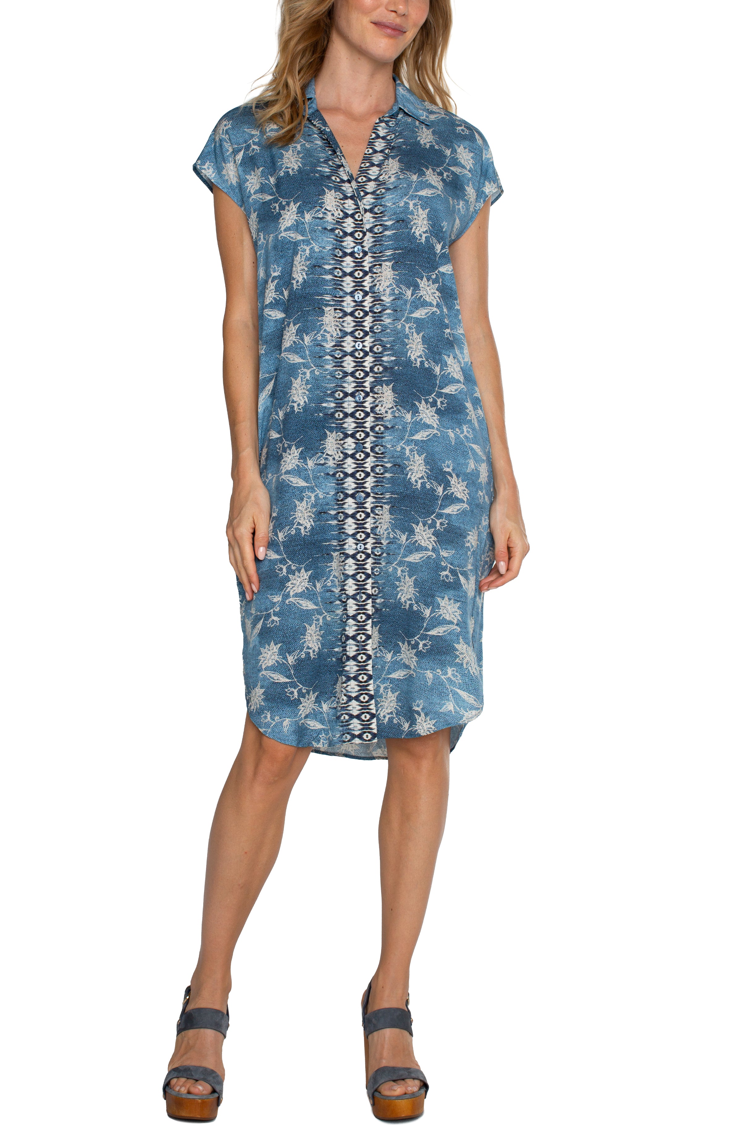 Liverpool Collard Button Front Dress With Belt In Blue Patchwork Floral-Dresses-Liverpool-Deja Nu Boutique, Women's Fashion Boutique in Lampasas, Texas