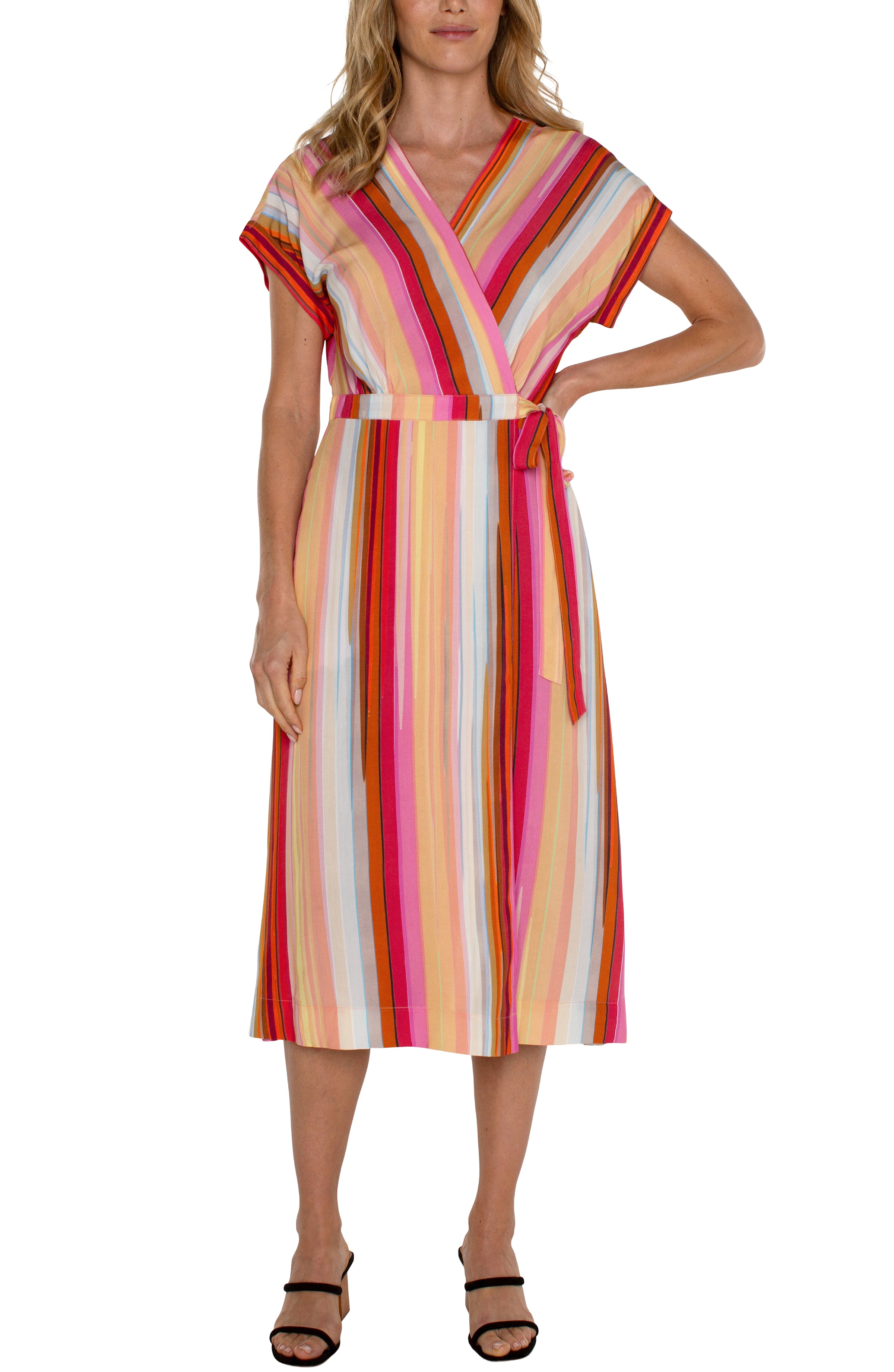 Liverpool Dolman Wrap Front Midi Dress In Berry Blossom Multi Stripe-Midi Dresses-Liverpool-Deja Nu Boutique, Women's Fashion Boutique in Lampasas, Texas