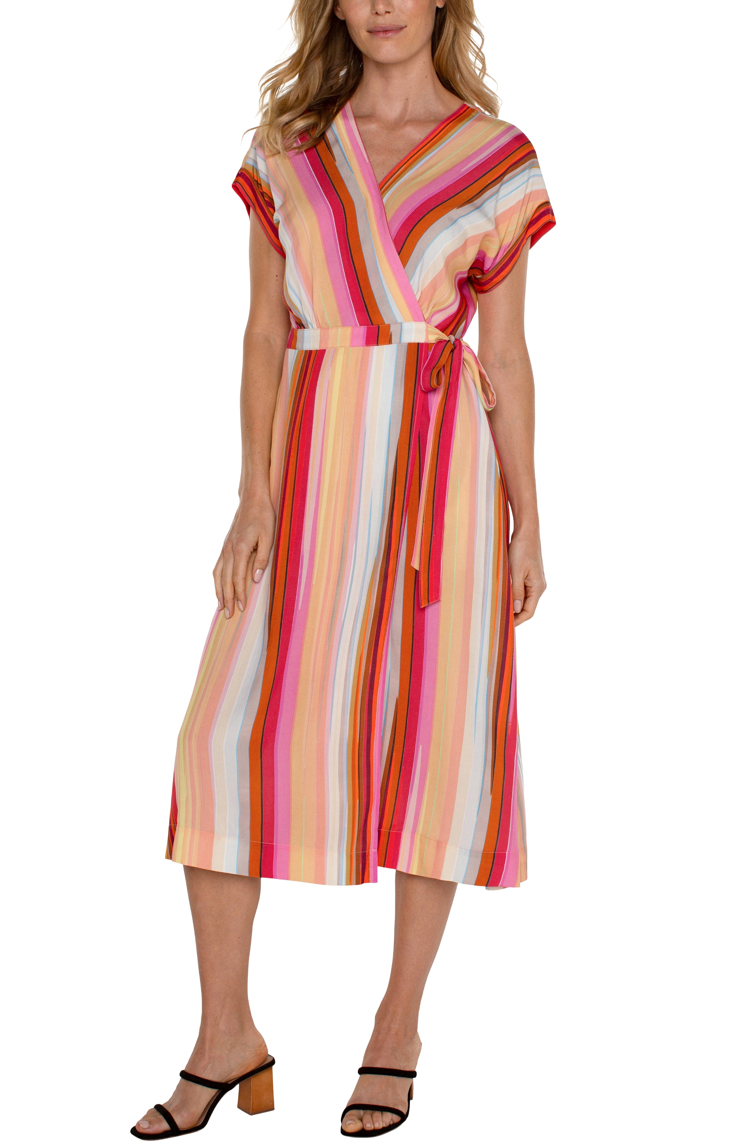 Liverpool Dolman Wrap Front Midi Dress In Berry Blossom Multi Stripe-Midi Dresses-Liverpool-Deja Nu Boutique, Women's Fashion Boutique in Lampasas, Texas