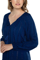 Liverpool Embroidered Shirred Blouse With Neck Ties In Night Sky Blue-Tops-Liverpool-Deja Nu Boutique, Women's Fashion Boutique in Lampasas, Texas