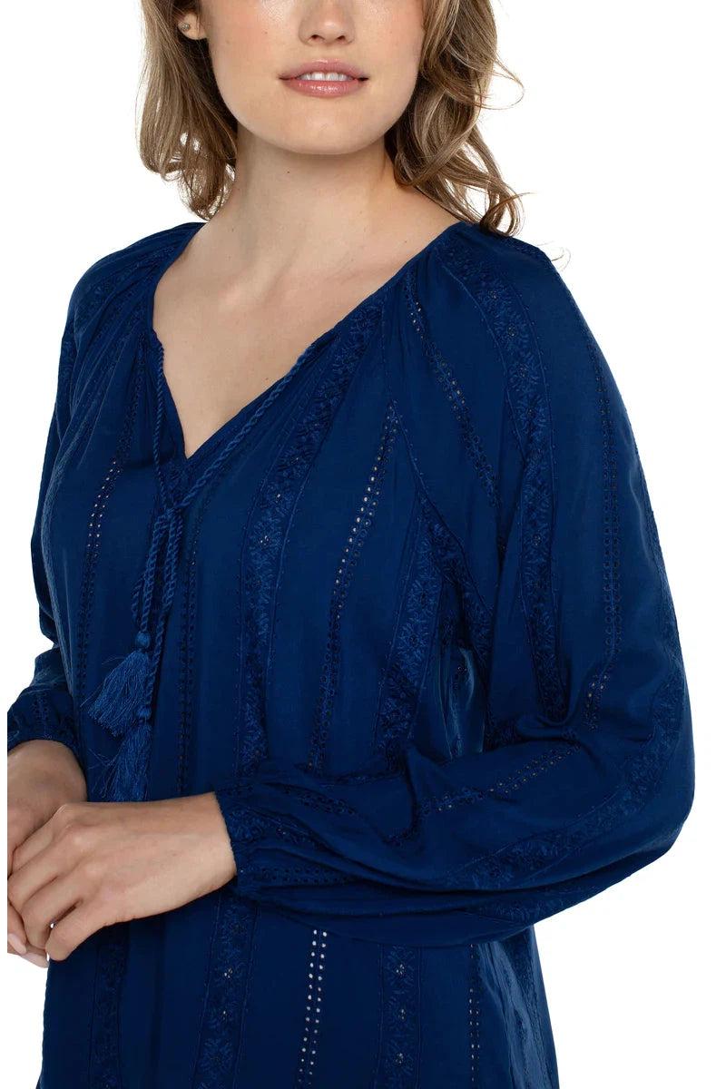 Liverpool Embroidered Shirred Blouse With Neck Ties In Night Sky Blue-Tops-Liverpool-Deja Nu Boutique, Women's Fashion Boutique in Lampasas, Texas