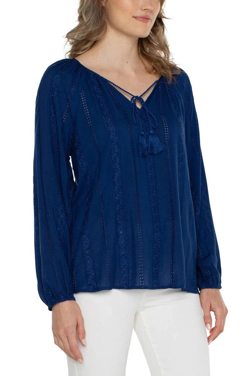 Liverpool Embroidered Shirred Blouse With Neck Ties In Night Sky Blue-Tops-Liverpool-Deja Nu Boutique, Women's Fashion Boutique in Lampasas, Texas