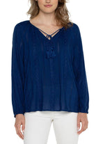 Liverpool Embroidered Shirred Blouse With Neck Ties In Night Sky Blue-Tops-Liverpool-Deja Nu Boutique, Women's Fashion Boutique in Lampasas, Texas