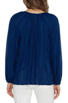 Liverpool Embroidered Shirred Blouse With Neck Ties In Night Sky Blue-Tops-Liverpool-Deja Nu Boutique, Women's Fashion Boutique in Lampasas, Texas