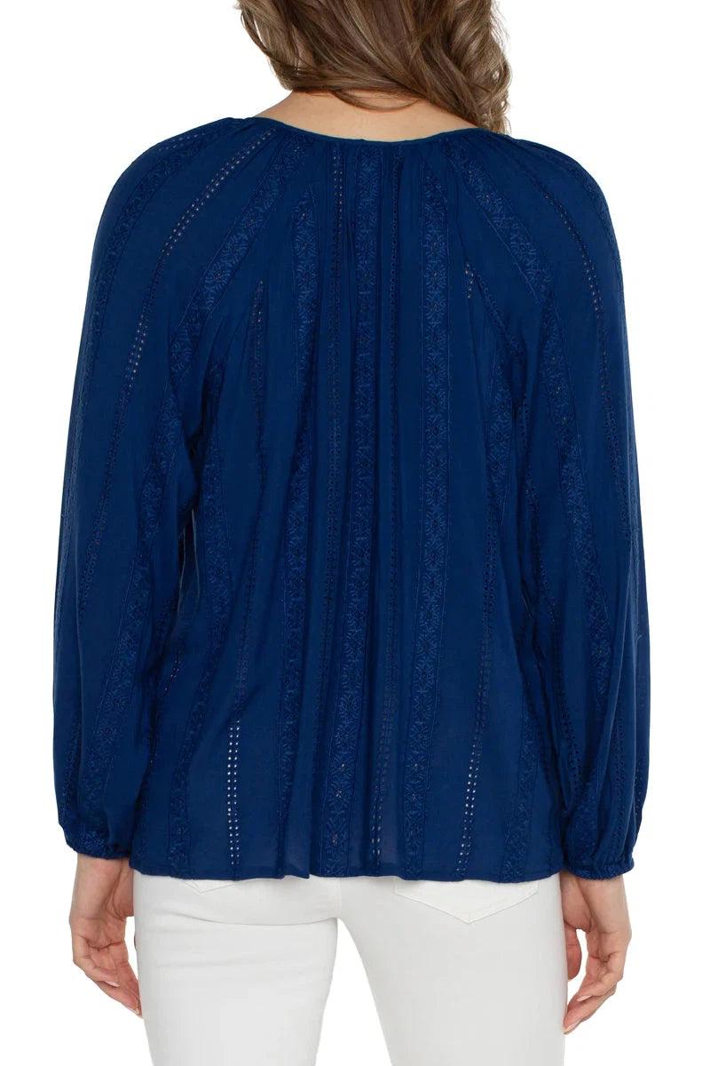 Liverpool Embroidered Shirred Blouse With Neck Ties In Night Sky Blue-Tops-Liverpool-Deja Nu Boutique, Women's Fashion Boutique in Lampasas, Texas