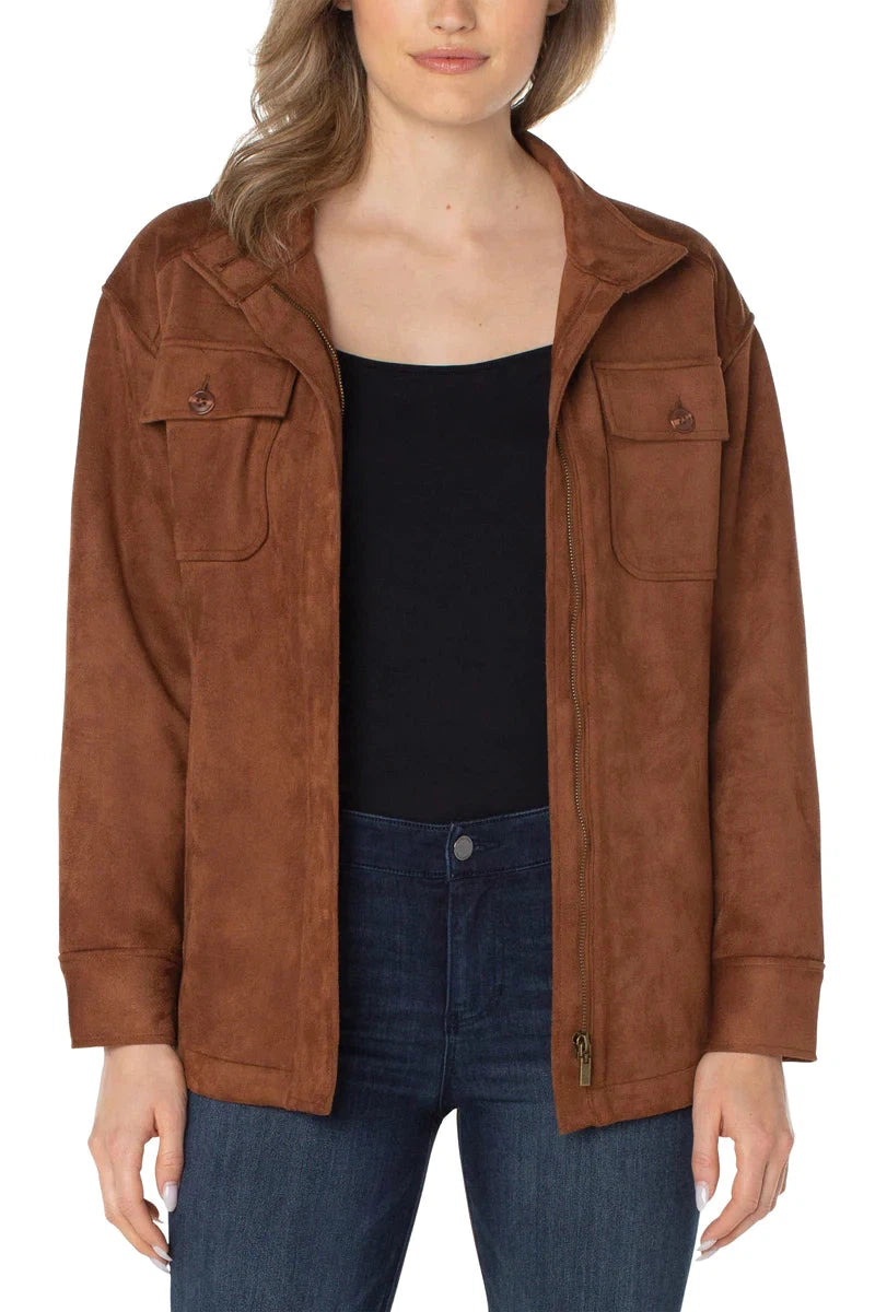 Liverpool Faux Suede Utility Jacket In Penny Brown-Jackets-Liverpool-Deja Nu Boutique, Women's Fashion Boutique in Lampasas, Texas