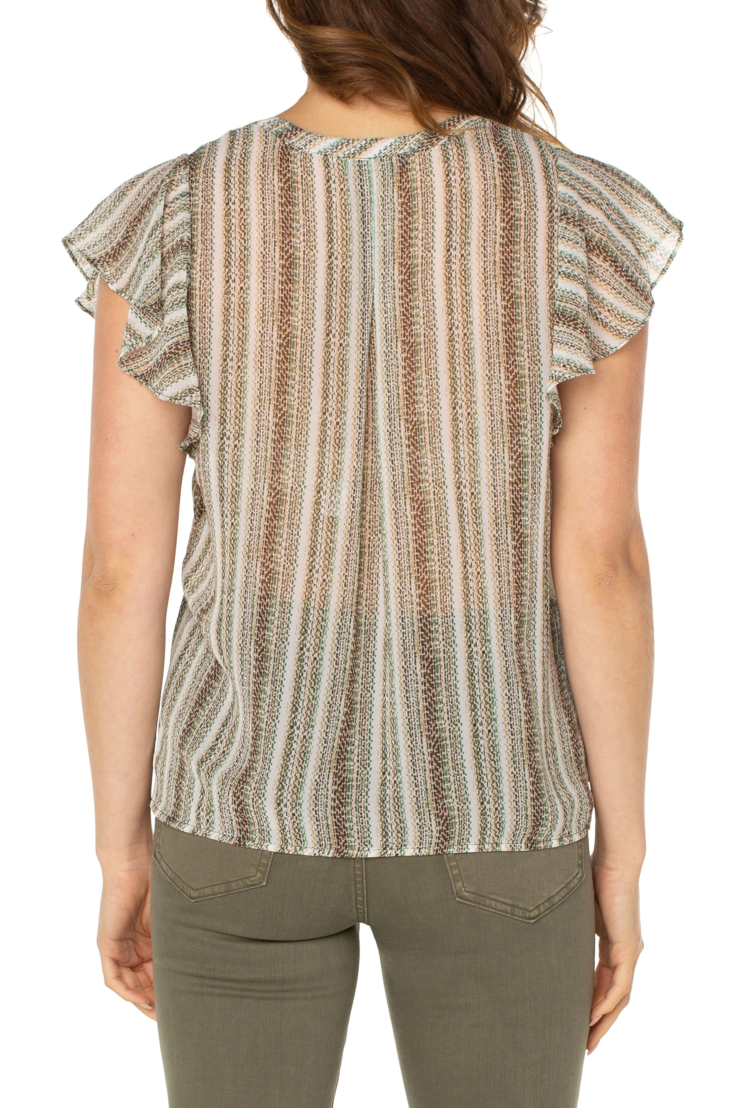 Liverpool Flutter Sleeve Popover Blouse With Pin Tuck In Animal Multi Stripe Print-Tops-Liverpool-Deja Nu Boutique, Women's Fashion Boutique in Lampasas, Texas