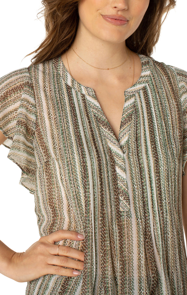 Liverpool Flutter Sleeve Popover Blouse With Pin Tuck In Animal Multi Stripe Print-Tops-Liverpool-Deja Nu Boutique, Women's Fashion Boutique in Lampasas, Texas
