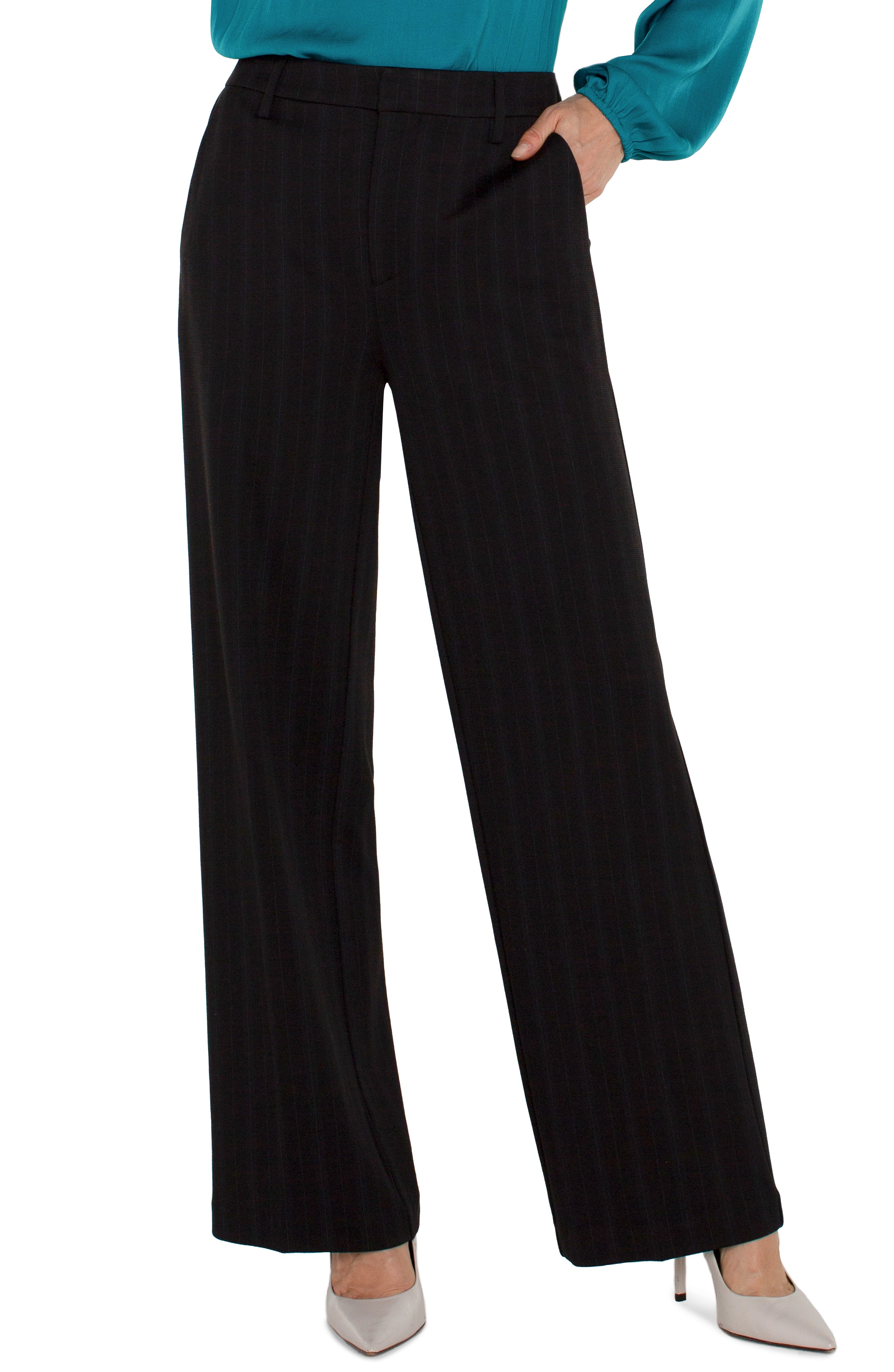 Liverpool Kelsey Wide Leg Trouser In Dark Forest Pinstripe-Bottoms-Liverpool-Deja Nu Boutique, Women's Fashion Boutique in Lampasas, Texas