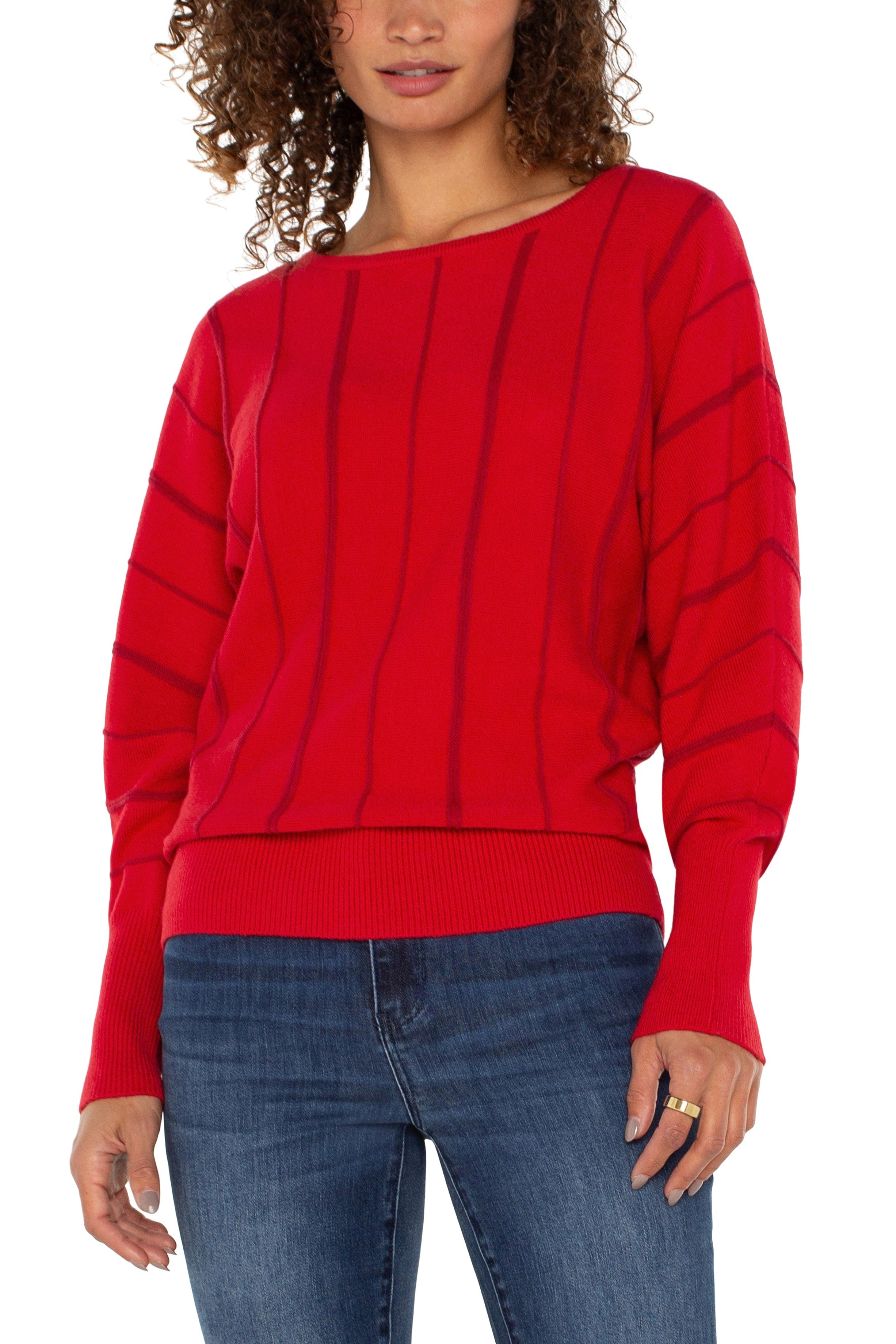 Liverpool Link Stitch Batwing Sleeve Sweater In Tango Red-Sweaters-Liverpool-Deja Nu Boutique, Women's Fashion Boutique in Lampasas, Texas