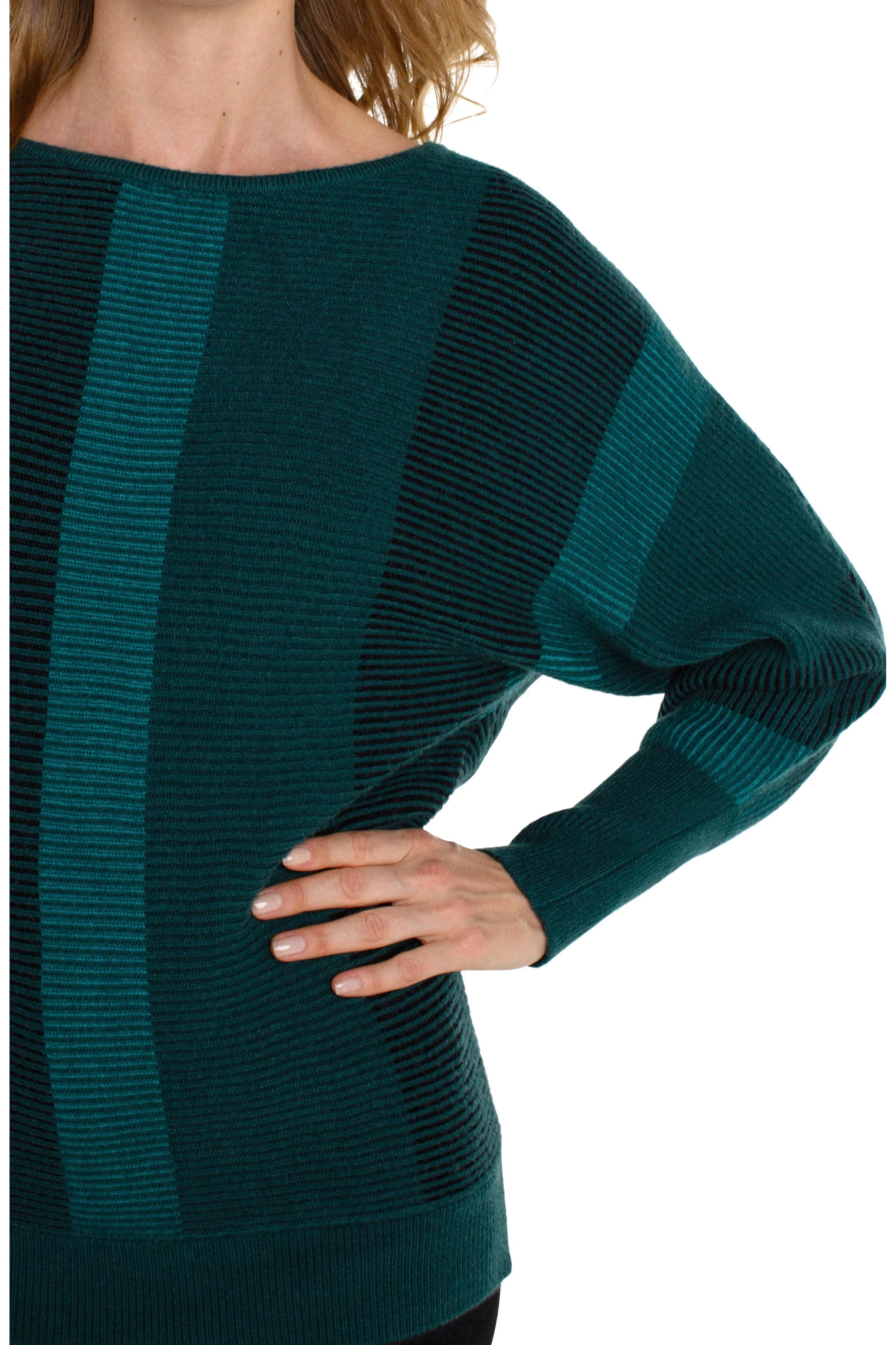 Liverpool Long Sleeve Boat Neck Dolman Sleeve Color Block Sweater In Malachite Multi-Sweaters-Liverpool-Deja Nu Boutique, Women's Fashion Boutique in Lampasas, Texas