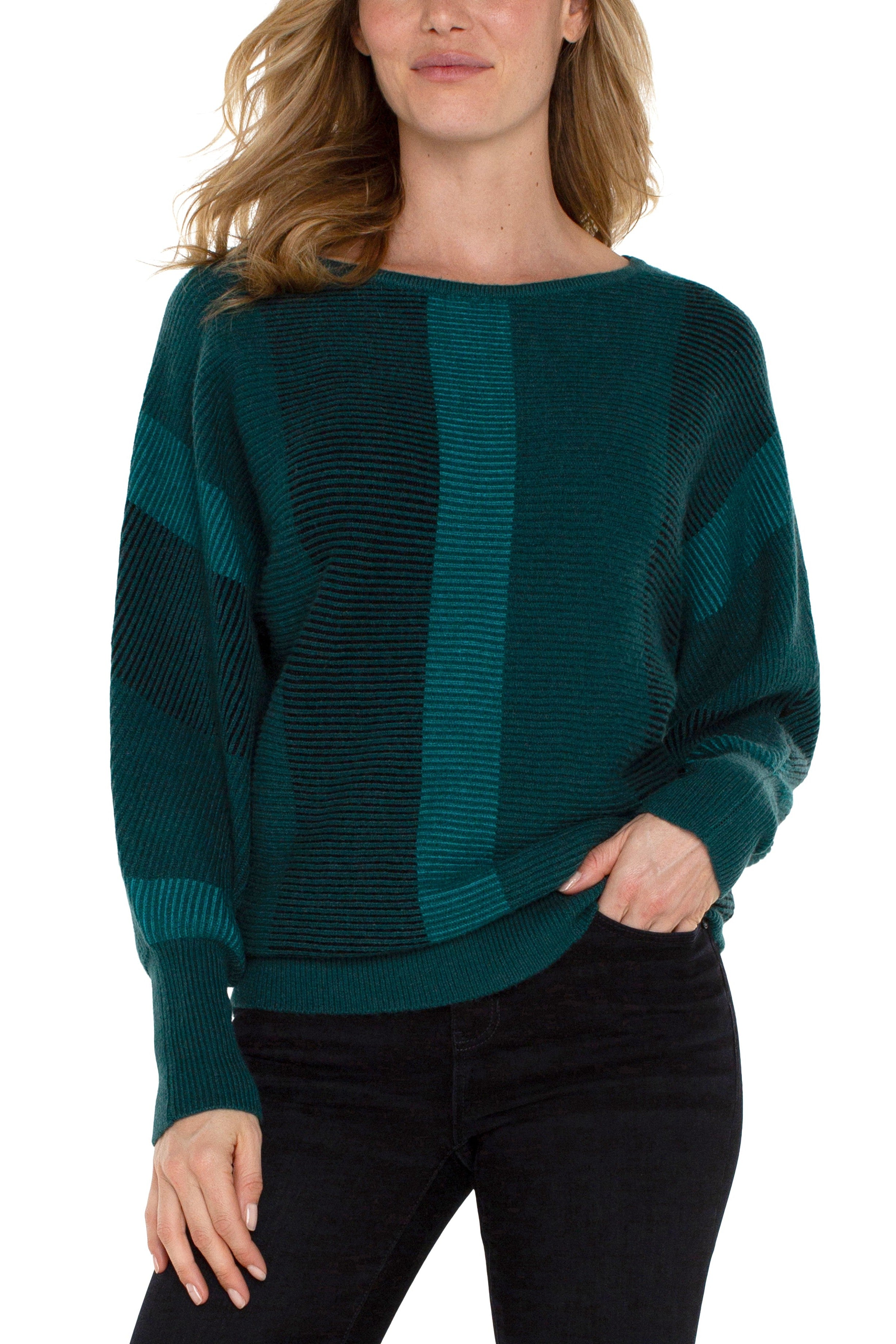 Liverpool Long Sleeve Boat Neck Dolman Sleeve Color Block Sweater In Malachite Multi-Sweaters-Liverpool-Deja Nu Boutique, Women's Fashion Boutique in Lampasas, Texas