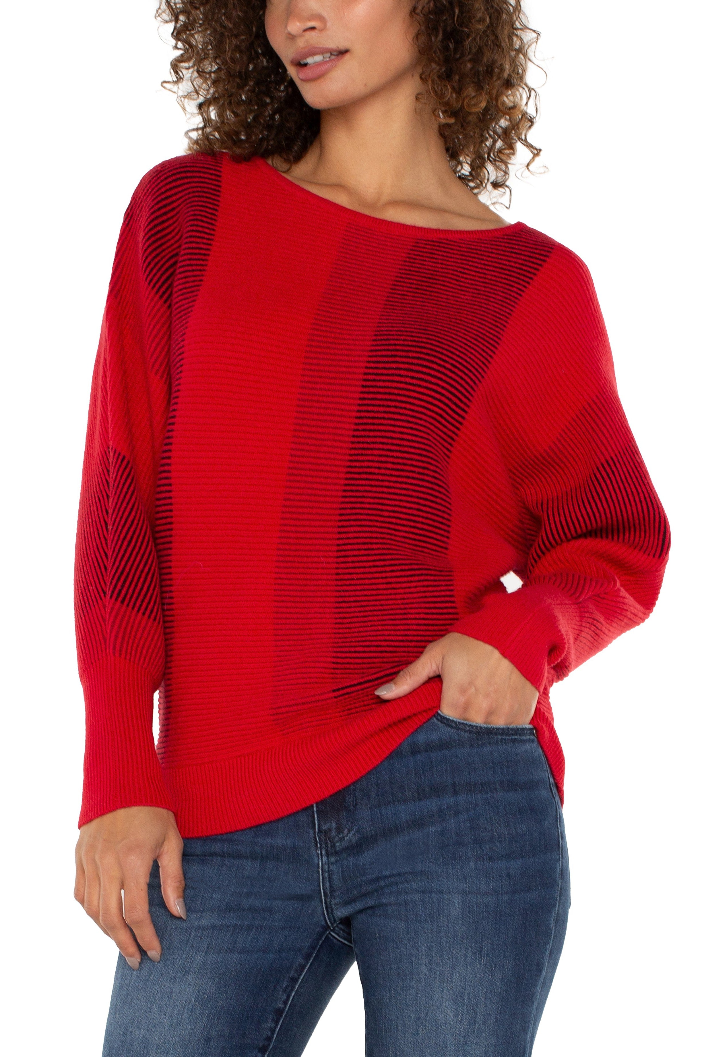 Liverpool Long Sleeve Boat Neck Dolman Sleeve Color Block Sweater In Tango Red-Sweaters-Liverpool-Deja Nu Boutique, Women's Fashion Boutique in Lampasas, Texas