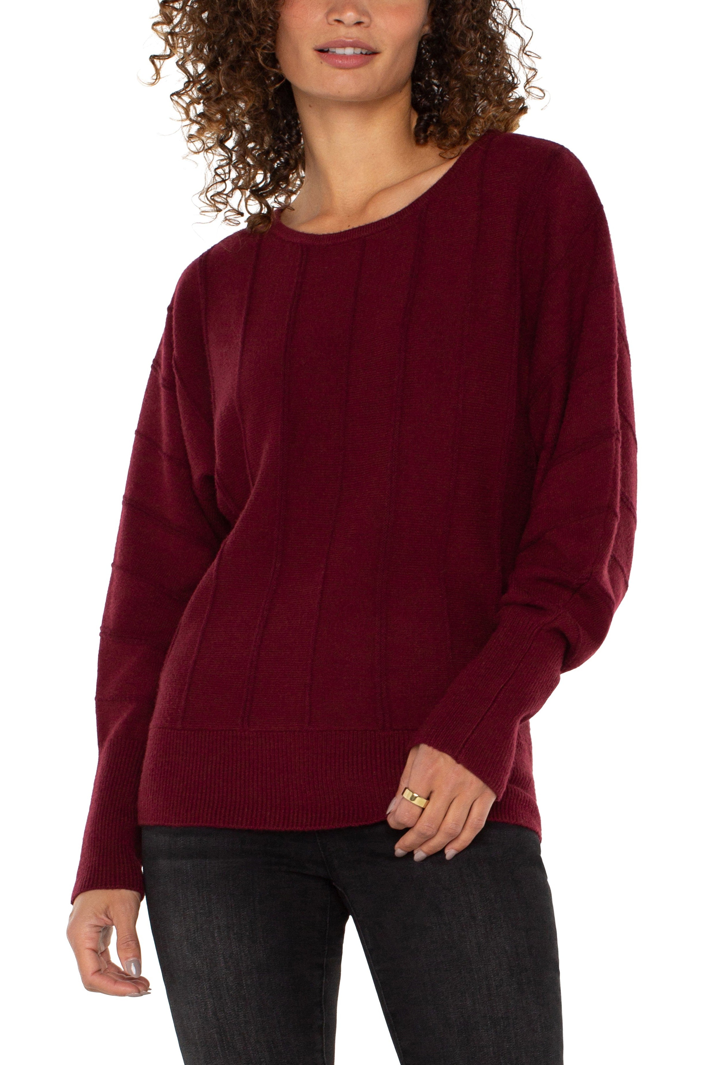 Liverpool Long Sleeve Boat Neck Dolman Sleeve Sweater In Dark Pinot Noir-Sweaters-Liverpool-Deja Nu Boutique, Women's Fashion Boutique in Lampasas, Texas