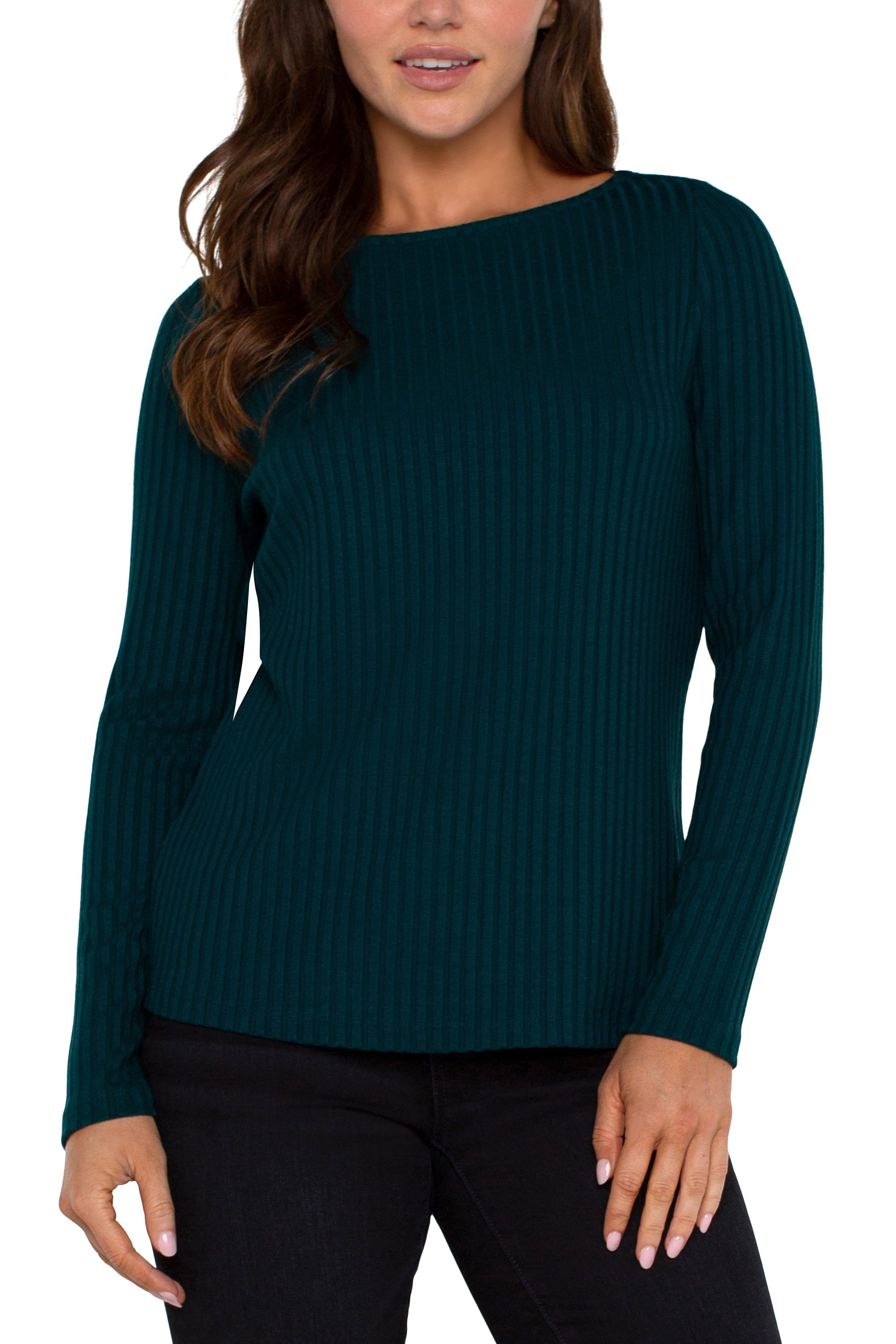 Liverpool Long Sleeve Boatneck Rib Top In Dark Forest-Sweaters-Liverpool-Deja Nu Boutique, Women's Fashion Boutique in Lampasas, Texas