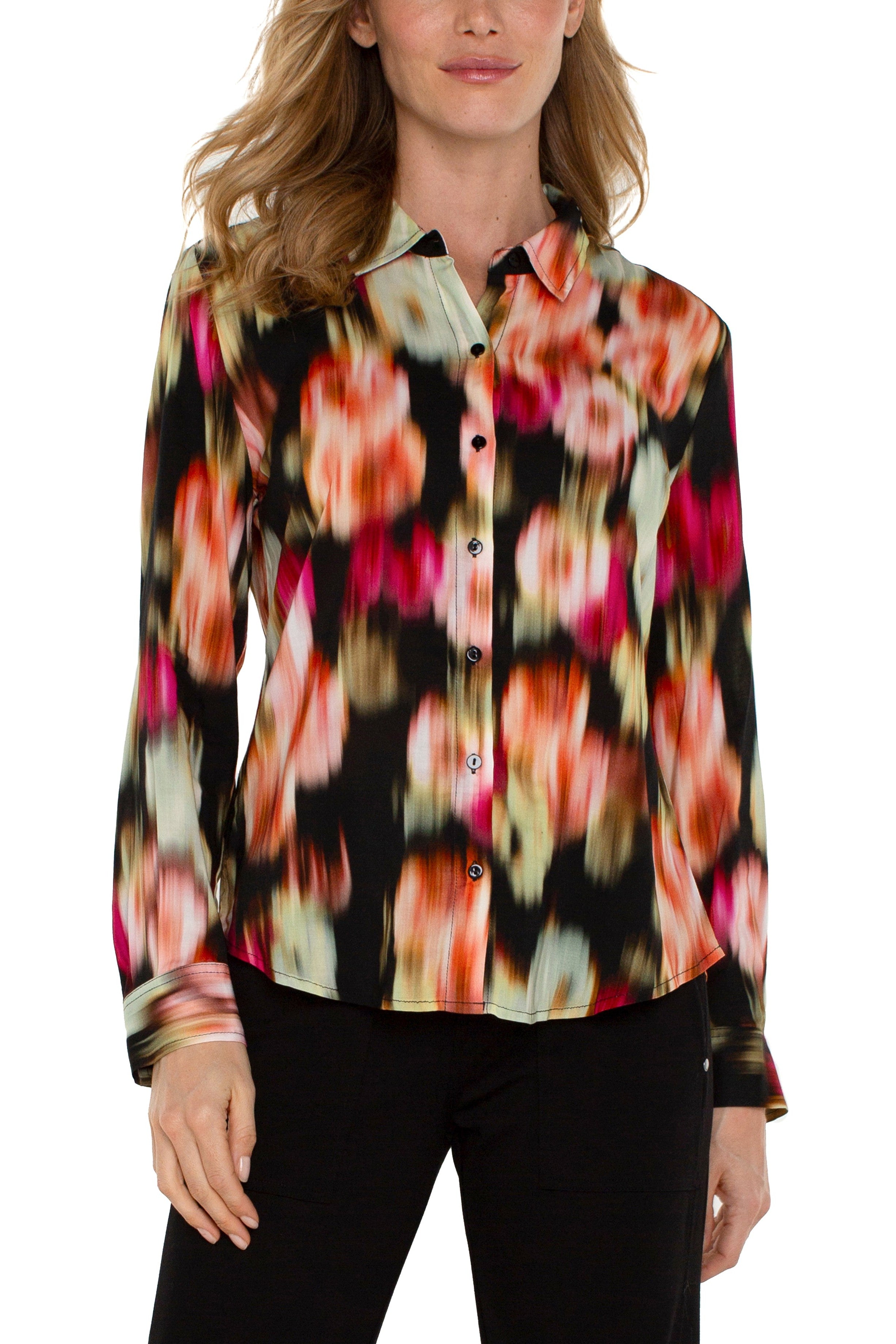 Liverpool Long Sleeve Button Front Woven Shirt (Star Ruby Floral)-Tops-Liverpool-Deja Nu Boutique, Women's Fashion Boutique in Lampasas, Texas