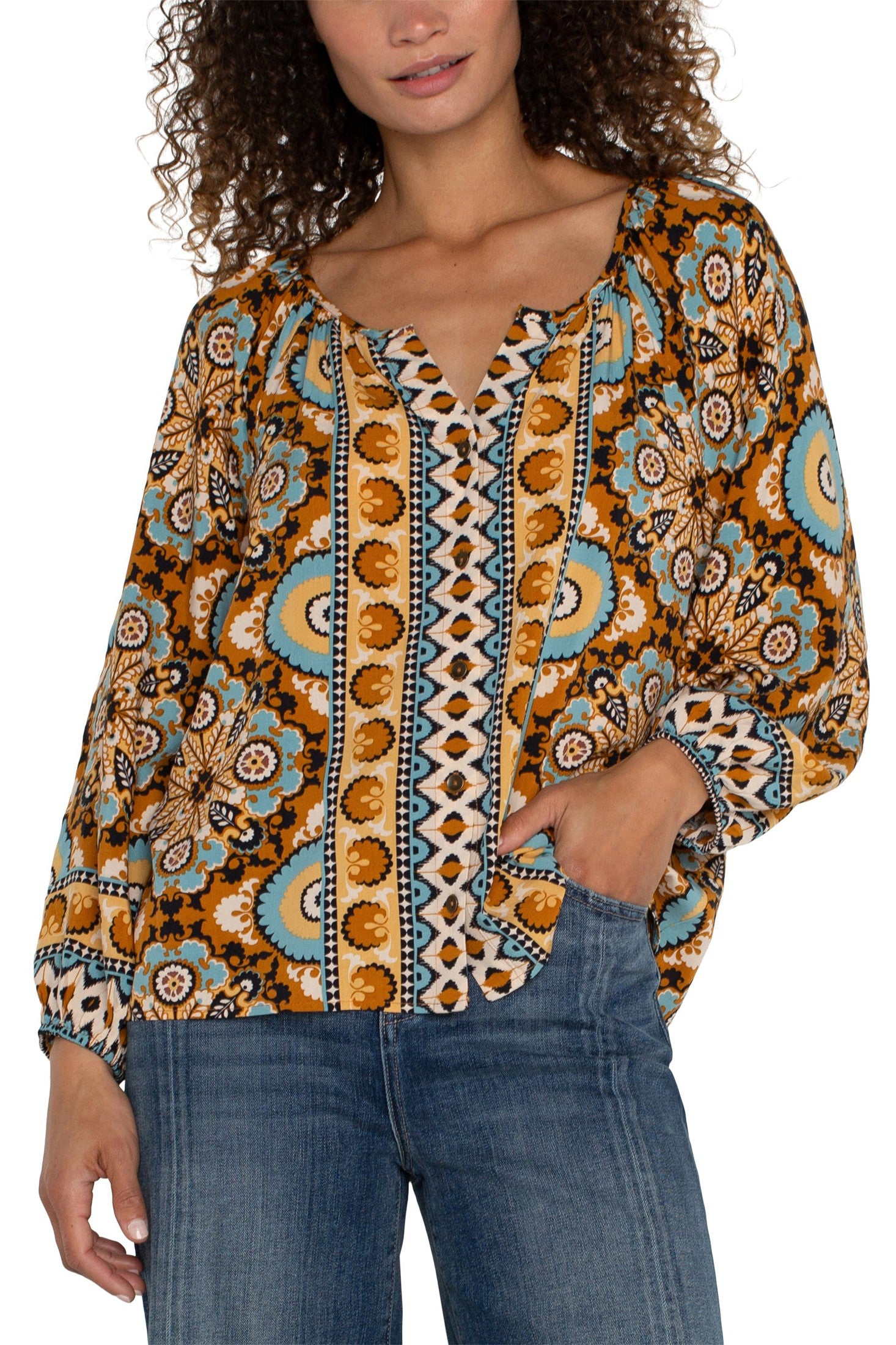 Liverpool Long Sleeve Button Up Blouse In Ocean Jasper Multi-Tops-Liverpool-Deja Nu Boutique, Women's Fashion Boutique in Lampasas, Texas