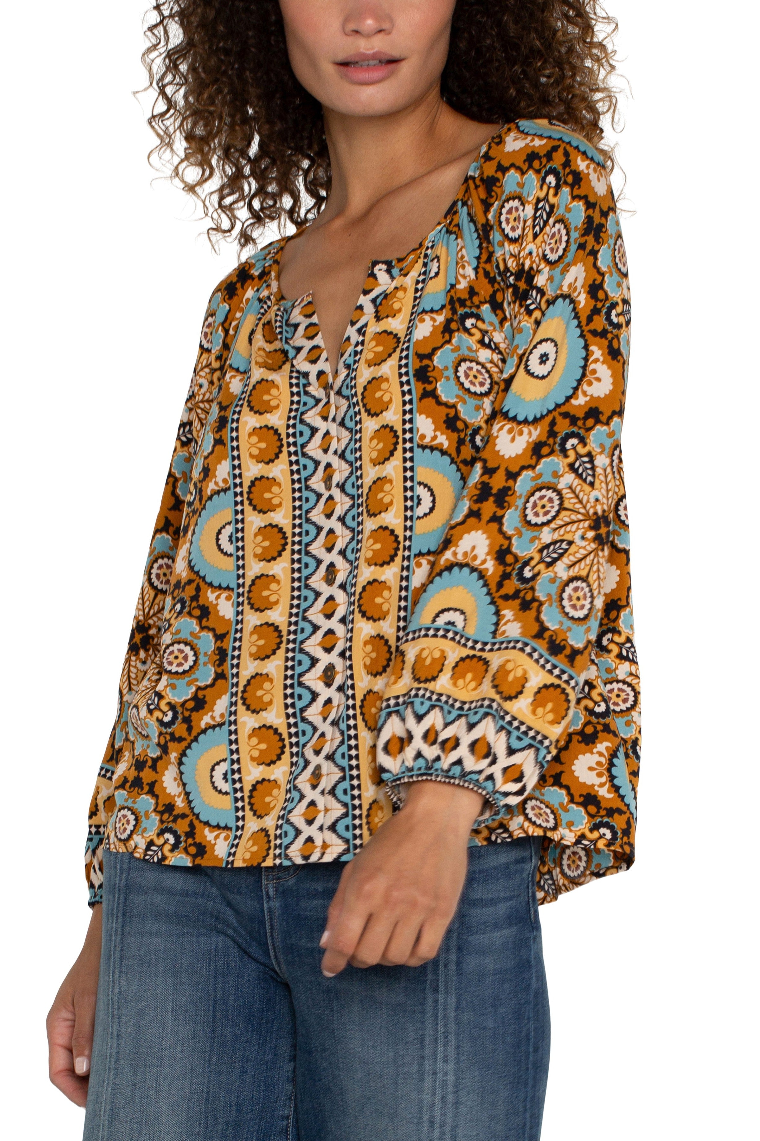 Liverpool Long Sleeve Button Up Blouse In Ocean Jasper Multi-Tops-Liverpool-Deja Nu Boutique, Women's Fashion Boutique in Lampasas, Texas