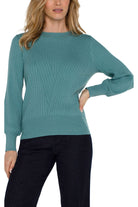 Liverpool Long Sleeve Crew Neck Sweater With Transfer Rib Detail In Ocean-Sweaters-Liverpool-Deja Nu Boutique, Women's Fashion Boutique in Lampasas, Texas