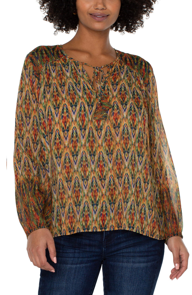 Liverpool Long Sleeve Double Layer Tie Front Woven Blouse-Long Sleeves-Liverpool-Deja Nu Boutique, Women's Fashion Boutique in Lampasas, Texas