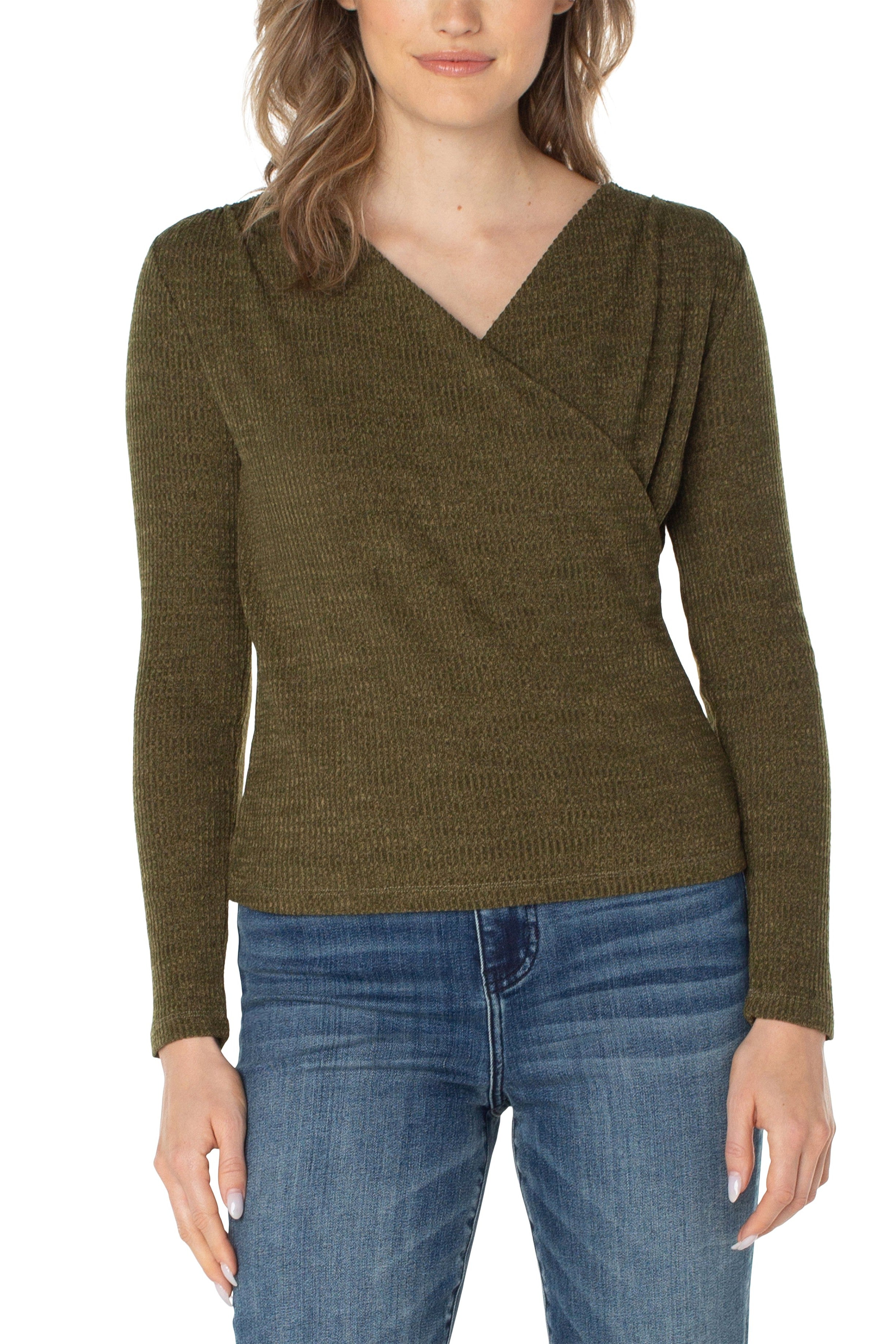 Liverpool Long Sleeve Drape Front Knit Top In Olive Melange-Sweaters-Liverpool-Deja Nu Boutique, Women's Fashion Boutique in Lampasas, Texas