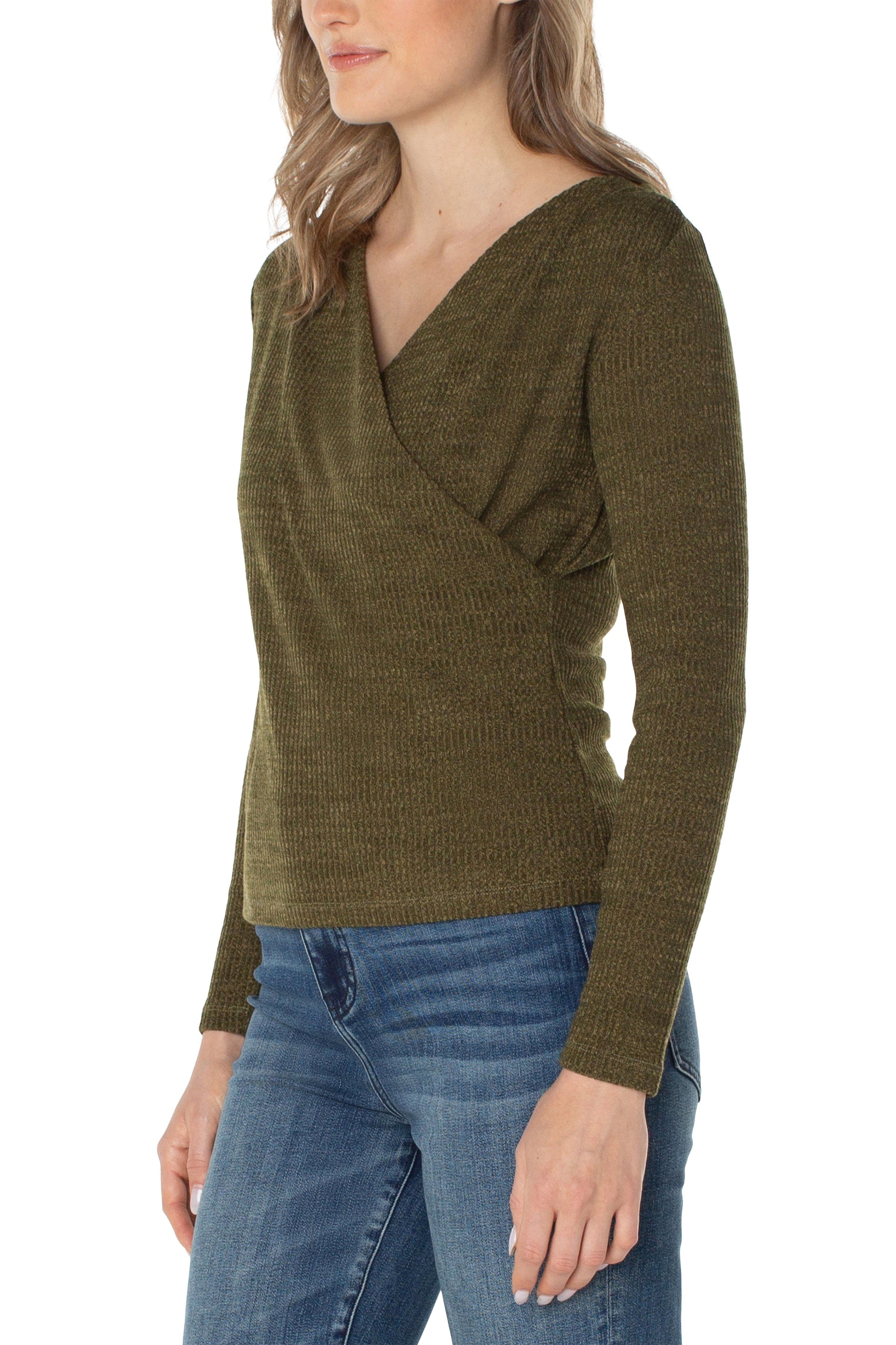 Liverpool Long Sleeve Drape Front Knit Top In Olive Melange-Sweaters-Liverpool-Deja Nu Boutique, Women's Fashion Boutique in Lampasas, Texas