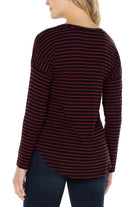 Liverpool Long Sleeve Drop Shoulder Scoop Neck Knit Top In Red And Black Stripe-Long Sleeves-Liverpool-Deja Nu Boutique, Women's Fashion Boutique in Lampasas, Texas