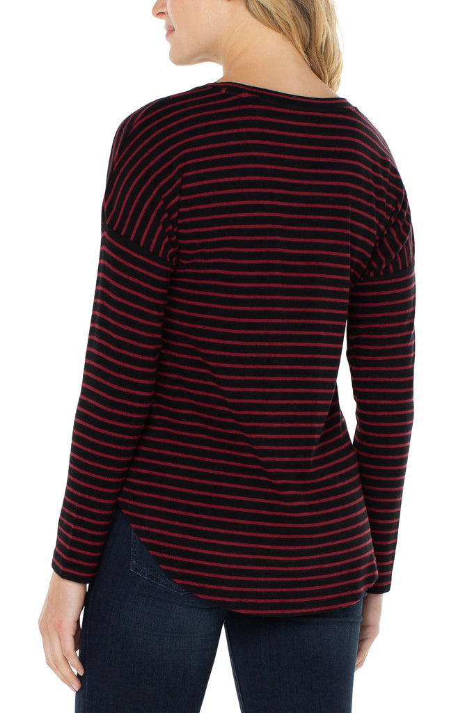 Liverpool Long Sleeve Drop Shoulder Scoop Neck Knit Top In Red And Black Stripe-Long Sleeves-Liverpool-Deja Nu Boutique, Women's Fashion Boutique in Lampasas, Texas