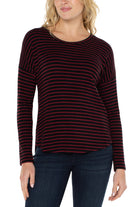 Liverpool Long Sleeve Drop Shoulder Scoop Neck Knit Top In Red And Black Stripe-Long Sleeves-Liverpool-Deja Nu Boutique, Women's Fashion Boutique in Lampasas, Texas