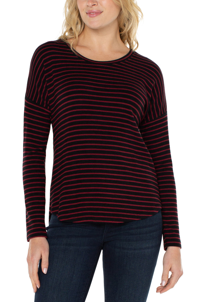 Liverpool Long Sleeve Drop Shoulder Scoop Neck Knit Top In Red And Black Stripe-Long Sleeves-Liverpool-Deja Nu Boutique, Women's Fashion Boutique in Lampasas, Texas