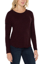 Liverpool Long Sleeve Drop Shoulder Scoop Neck Knit Top In Red And Black Stripe-Long Sleeves-Liverpool-Deja Nu Boutique, Women's Fashion Boutique in Lampasas, Texas