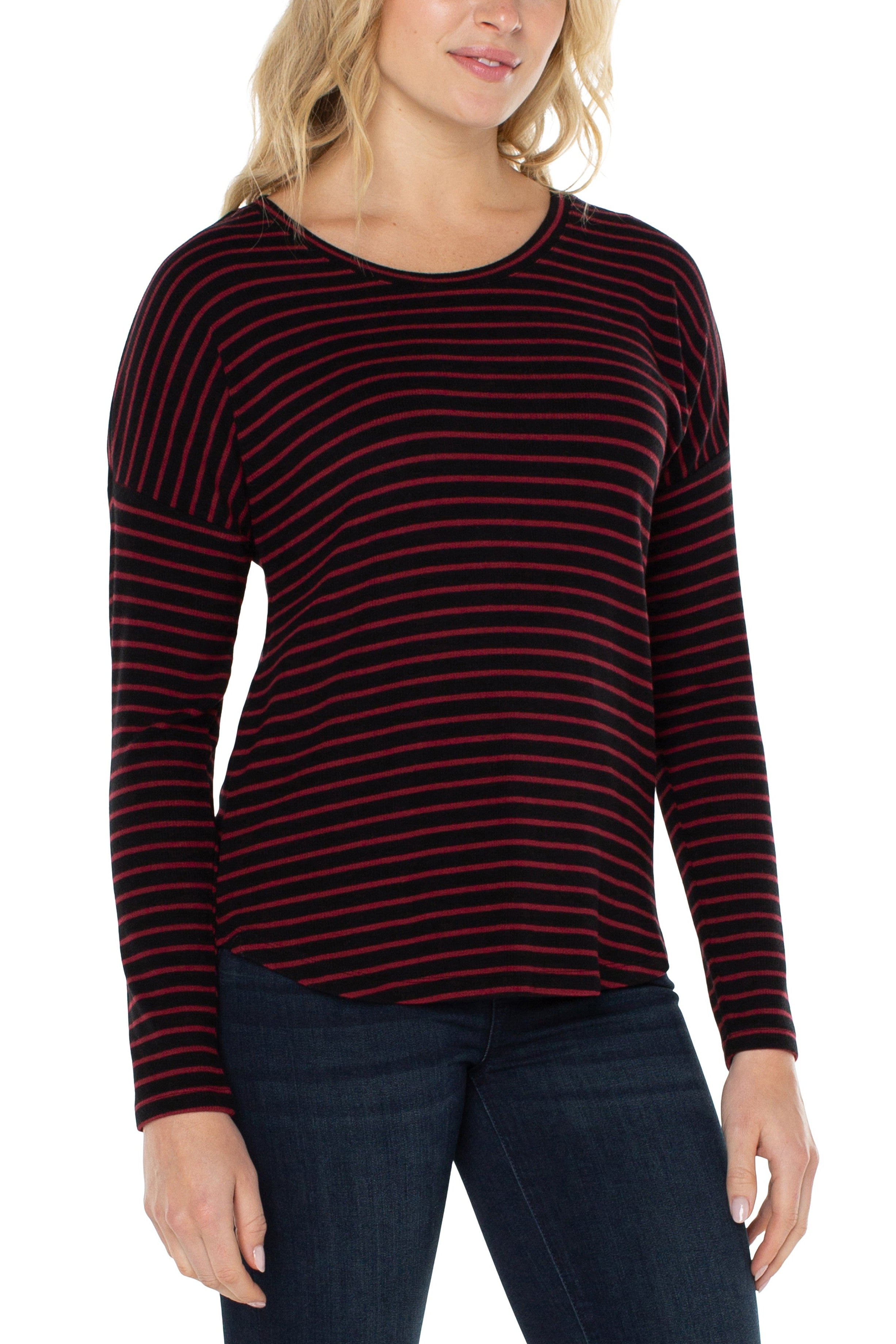 Liverpool Long Sleeve Drop Shoulder Scoop Neck Knit Top In Red And Black Stripe-Long Sleeves-Liverpool-Deja Nu Boutique, Women's Fashion Boutique in Lampasas, Texas