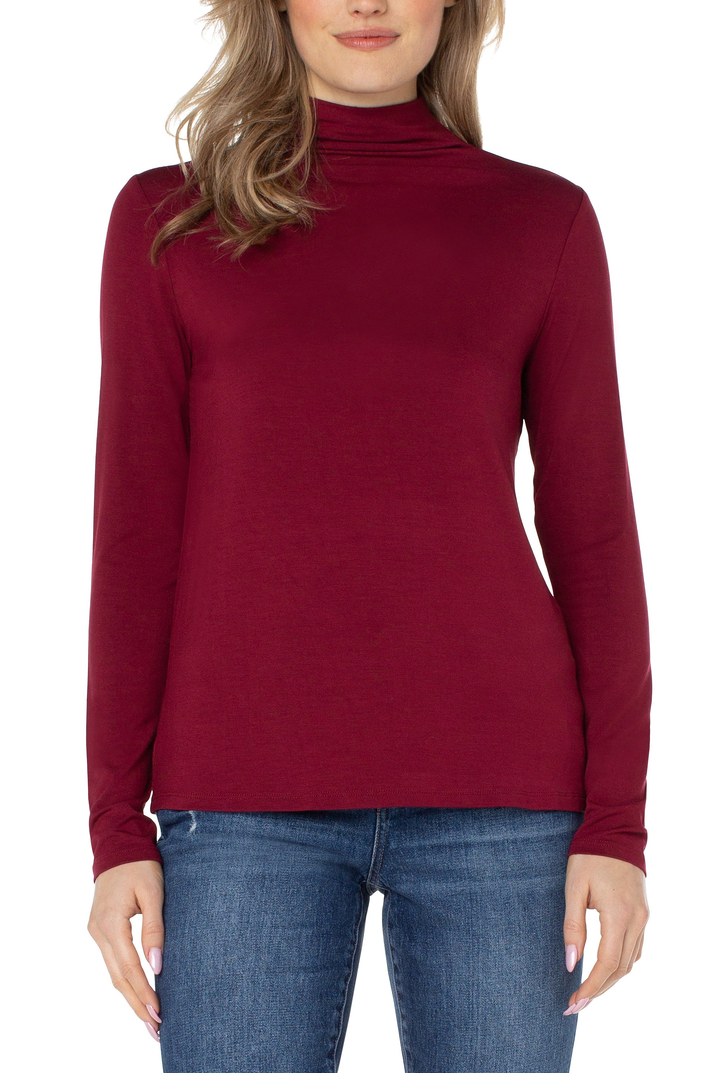 Liverpool Long Sleeve Mock Neck Knit Top In Red Velvet-Sweaters-Liverpool-Deja Nu Boutique, Women's Fashion Boutique in Lampasas, Texas