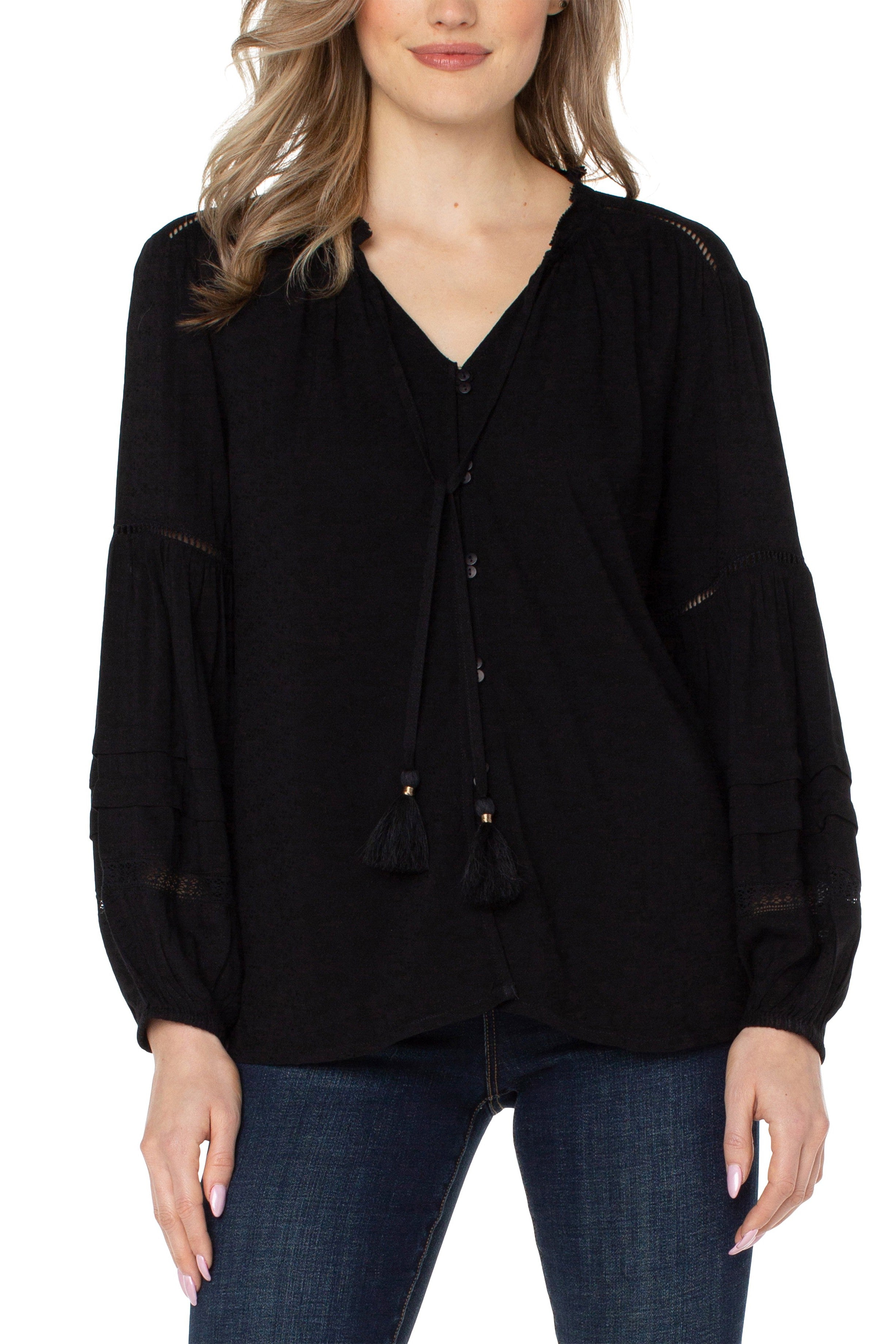 Liverpool Long Sleeve Popover Shirred Blouse In Black-Long Sleeves-Liverpool-Deja Nu Boutique, Women's Fashion Boutique in Lampasas, Texas