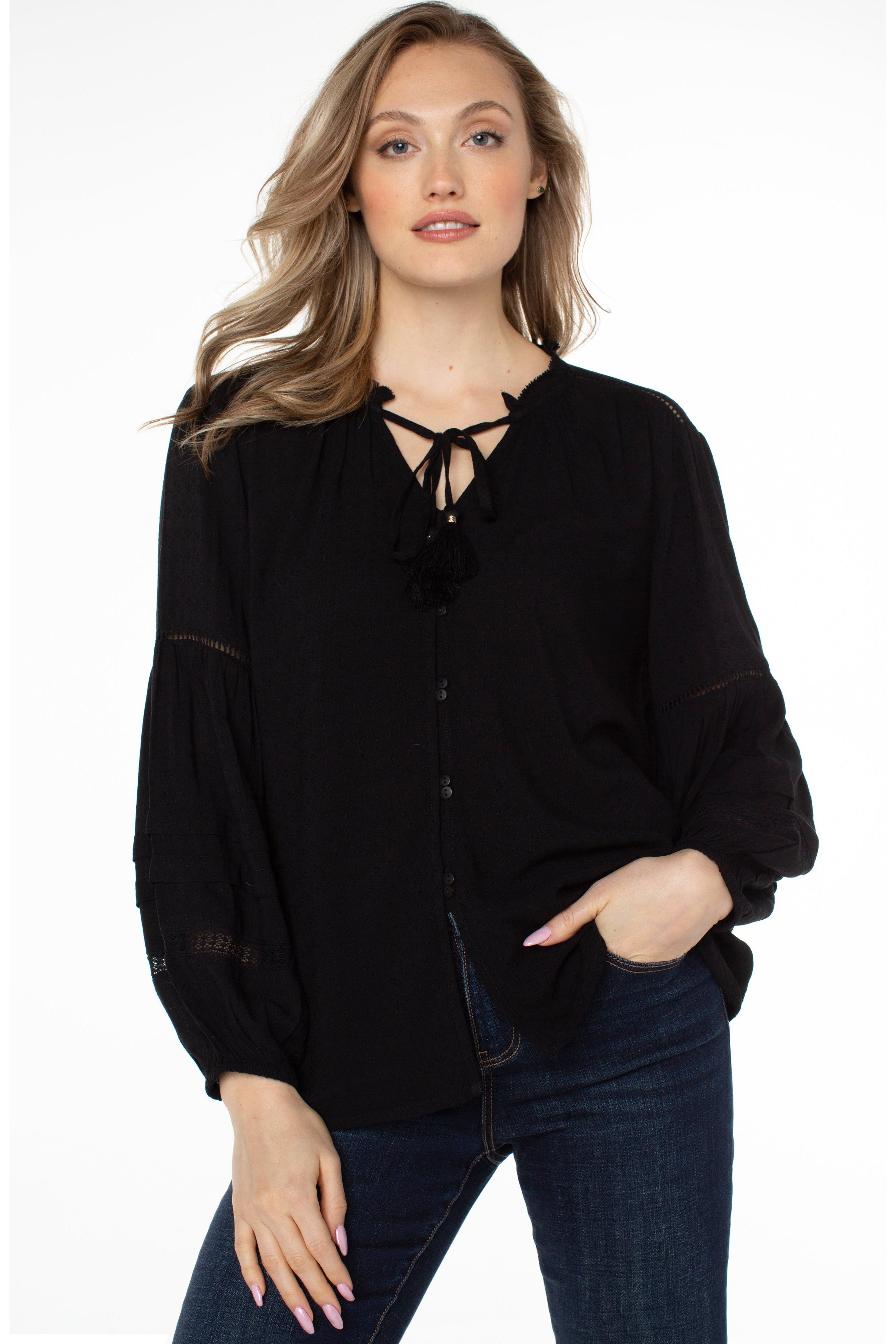 Liverpool Long Sleeve Popover Shirred Blouse In Black-Long Sleeves-Liverpool-Deja Nu Boutique, Women's Fashion Boutique in Lampasas, Texas