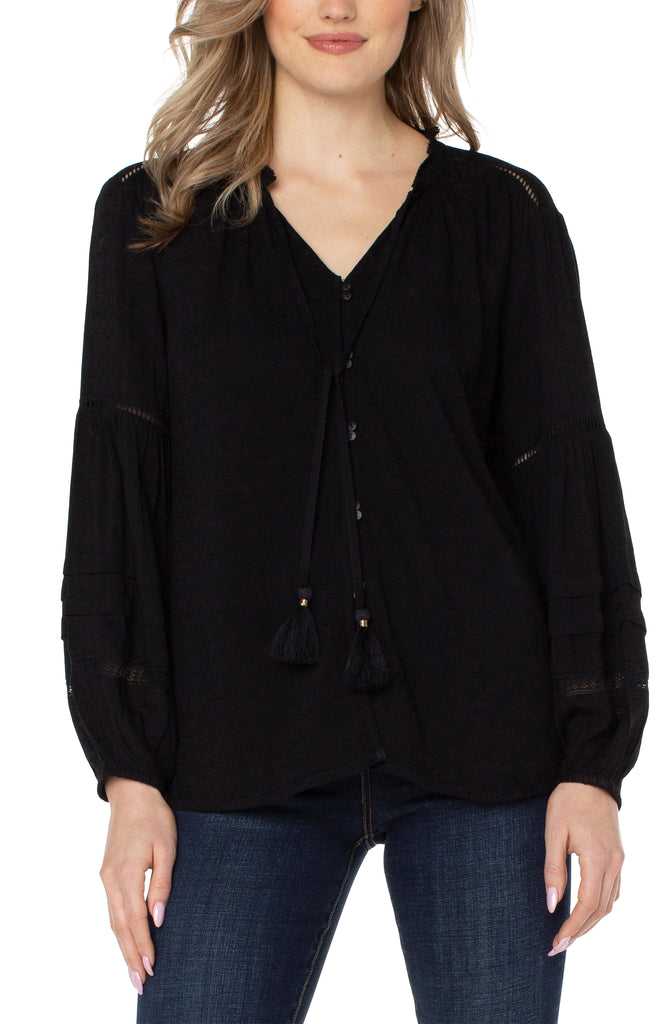 Liverpool Long Sleeve Popover Shirred Blouse In Black-Long Sleeves-Liverpool-Deja Nu Boutique, Women's Fashion Boutique in Lampasas, Texas