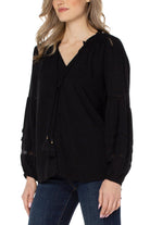 Liverpool Long Sleeve Popover Shirred Blouse In Black-Long Sleeves-Liverpool-Deja Nu Boutique, Women's Fashion Boutique in Lampasas, Texas