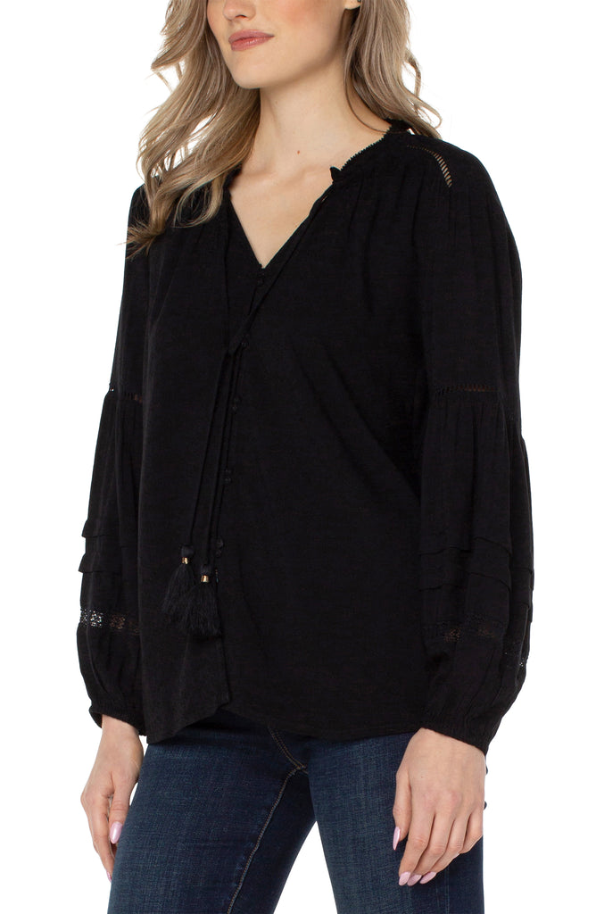 Liverpool Long Sleeve Popover Shirred Blouse In Black-Long Sleeves-Liverpool-Deja Nu Boutique, Women's Fashion Boutique in Lampasas, Texas