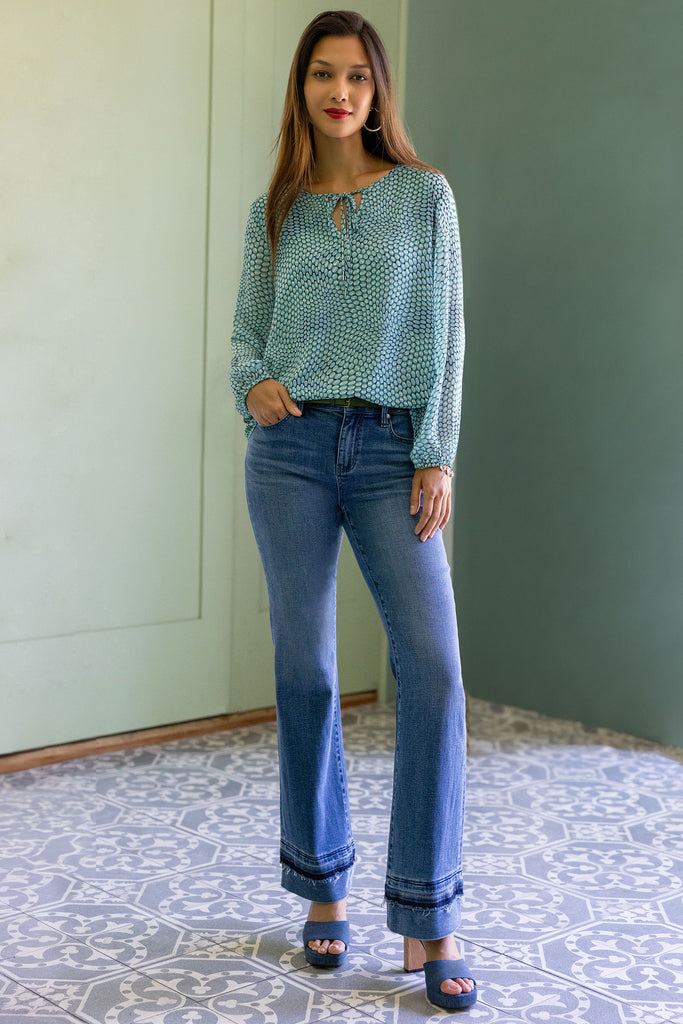 Liverpool Long Sleeve Tie Front Top With Shirred Back In Ocean Blue Dot-Tops-Liverpool-Deja Nu Boutique, Women's Fashion Boutique in Lampasas, Texas