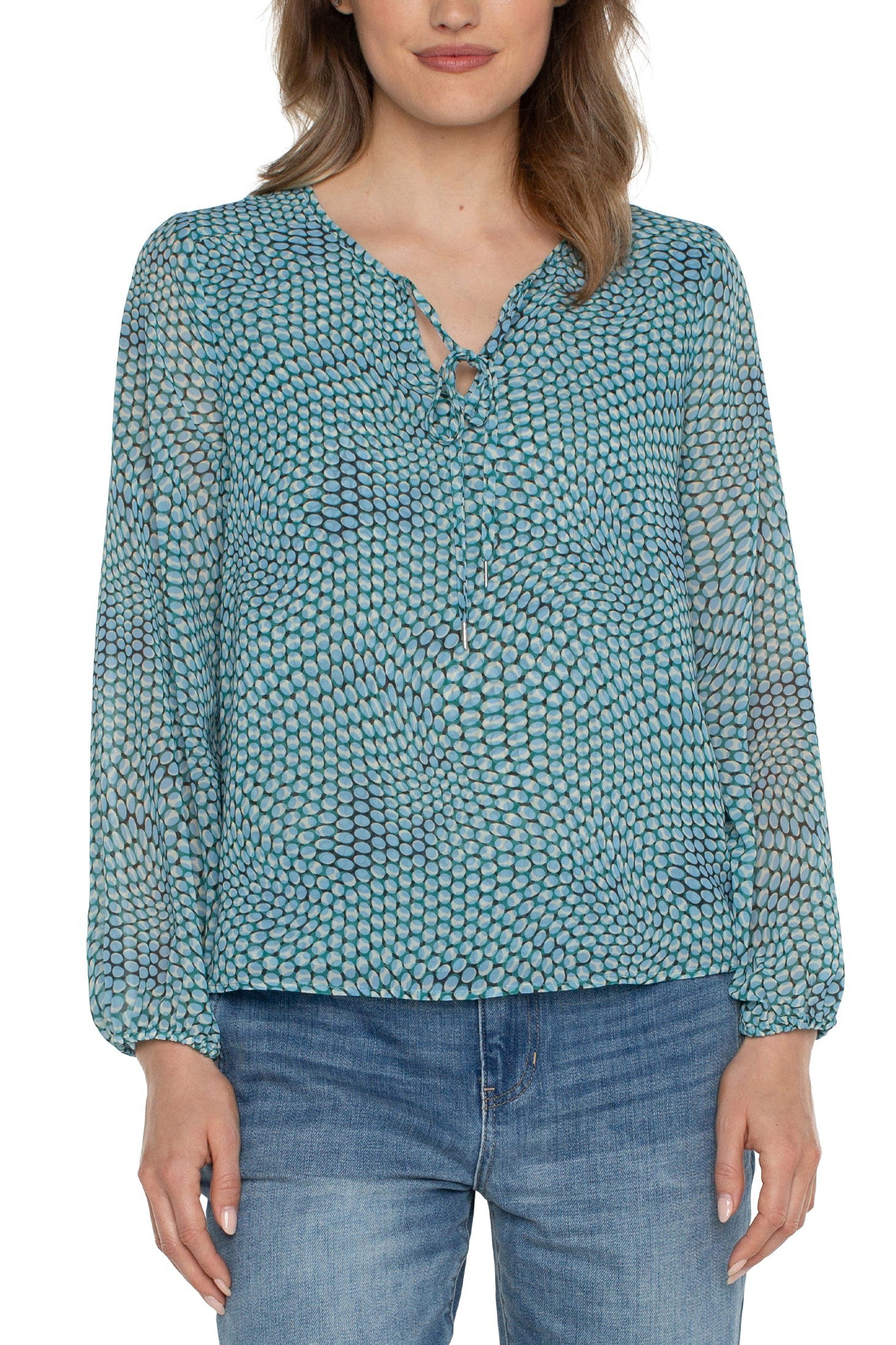 Liverpool Long Sleeve Tie Front Top With Shirred Back In Ocean Blue Dot-Tops-Liverpool-Deja Nu Boutique, Women's Fashion Boutique in Lampasas, Texas