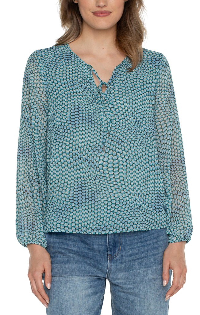 Liverpool Long Sleeve Tie Front Top With Shirred Back In Ocean Blue Dot-Tops-Liverpool-Deja Nu Boutique, Women's Fashion Boutique in Lampasas, Texas