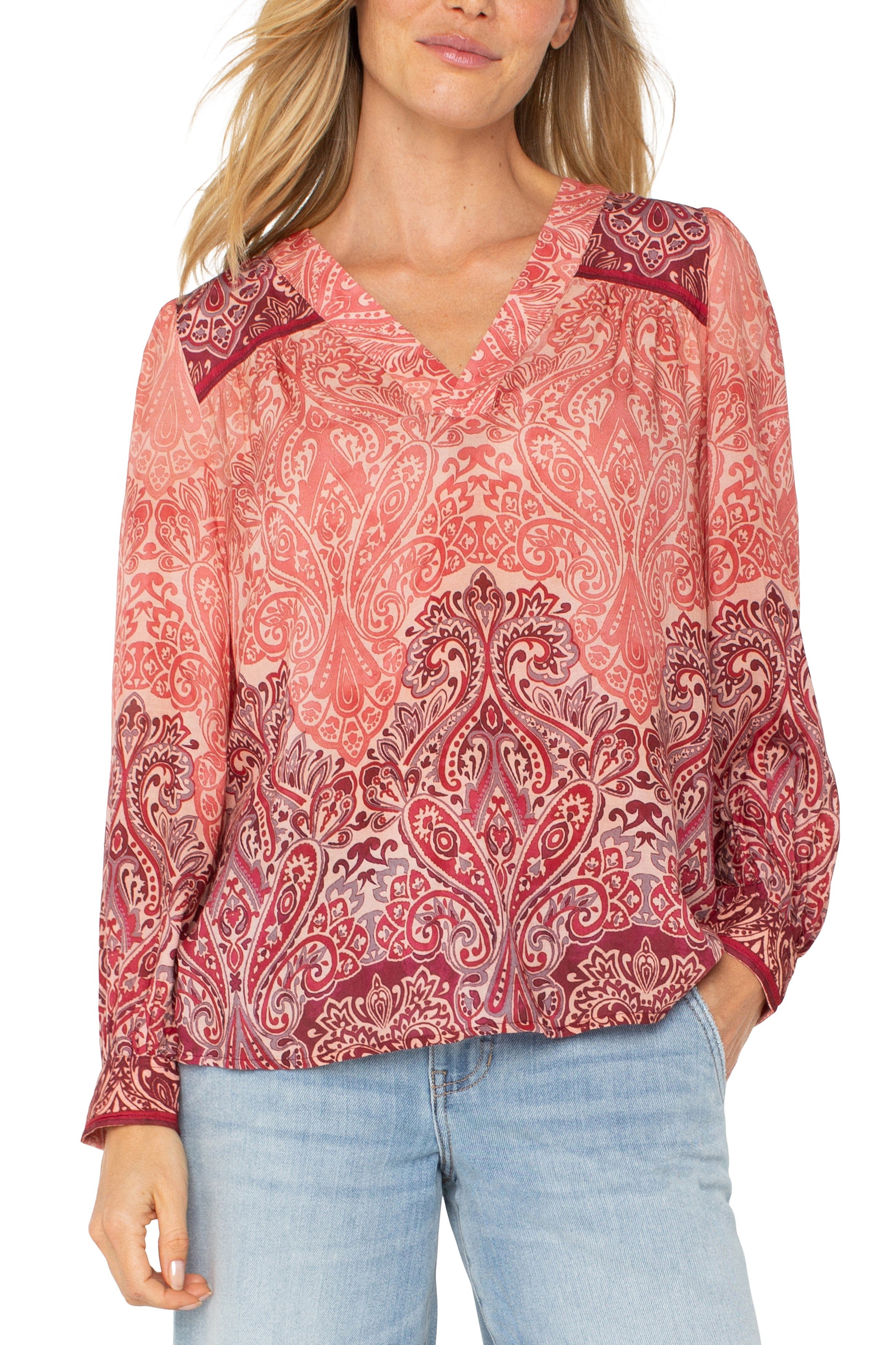 Liverpool Long Sleeve V-Neck Popover Blouse-Tops-Liverpool-Deja Nu Boutique, Women's Fashion Boutique in Lampasas, Texas