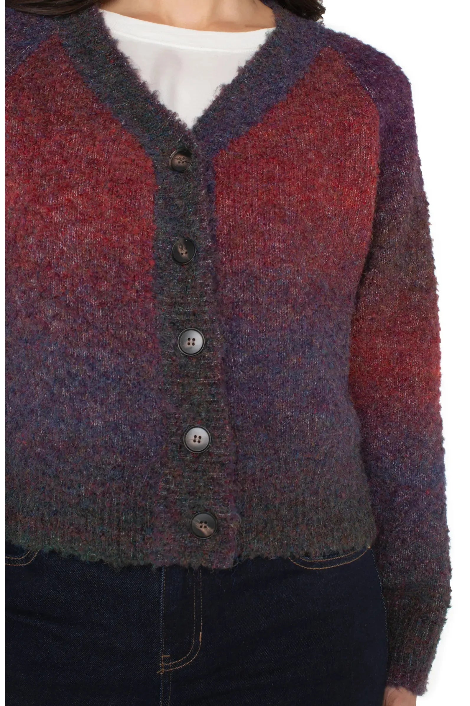 Liverpool Los Angeles Burgundy Ombre Raglan Button Front Cardigan-Cardigans & Kimonos-Liverpool-Deja Nu Boutique, Women's Fashion Boutique in Lampasas, Texas