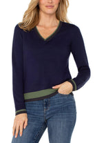 Liverpool Los Angeles Colorblock V-Neck Sweater in Navy & Green-Sweaters-Liverpool-Deja Nu Boutique, Women's Fashion Boutique in Lampasas, Texas