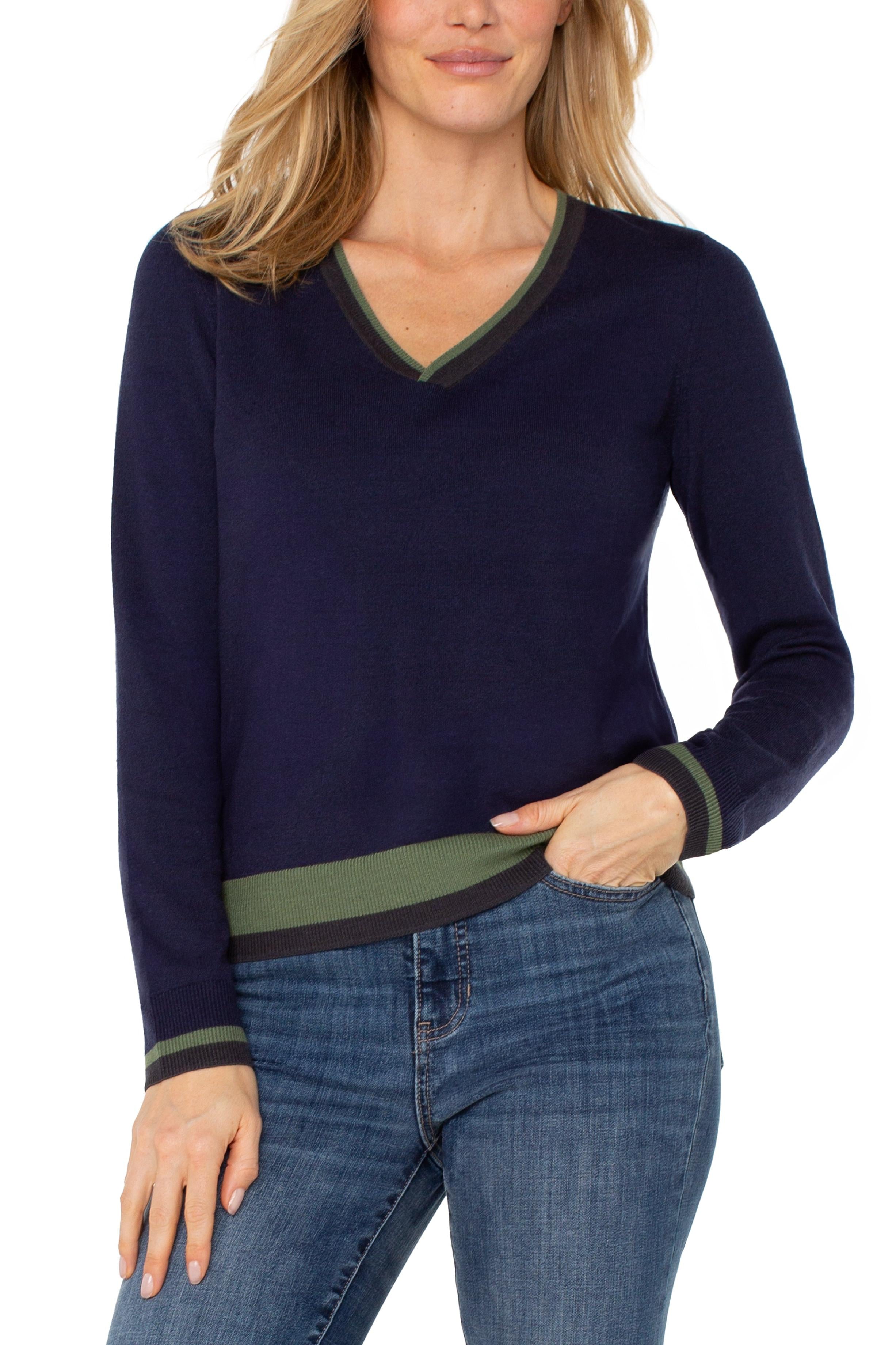 Liverpool Los Angeles Colorblock V-Neck Sweater in Navy & Green-Sweaters-Liverpool-Deja Nu Boutique, Women's Fashion Boutique in Lampasas, Texas