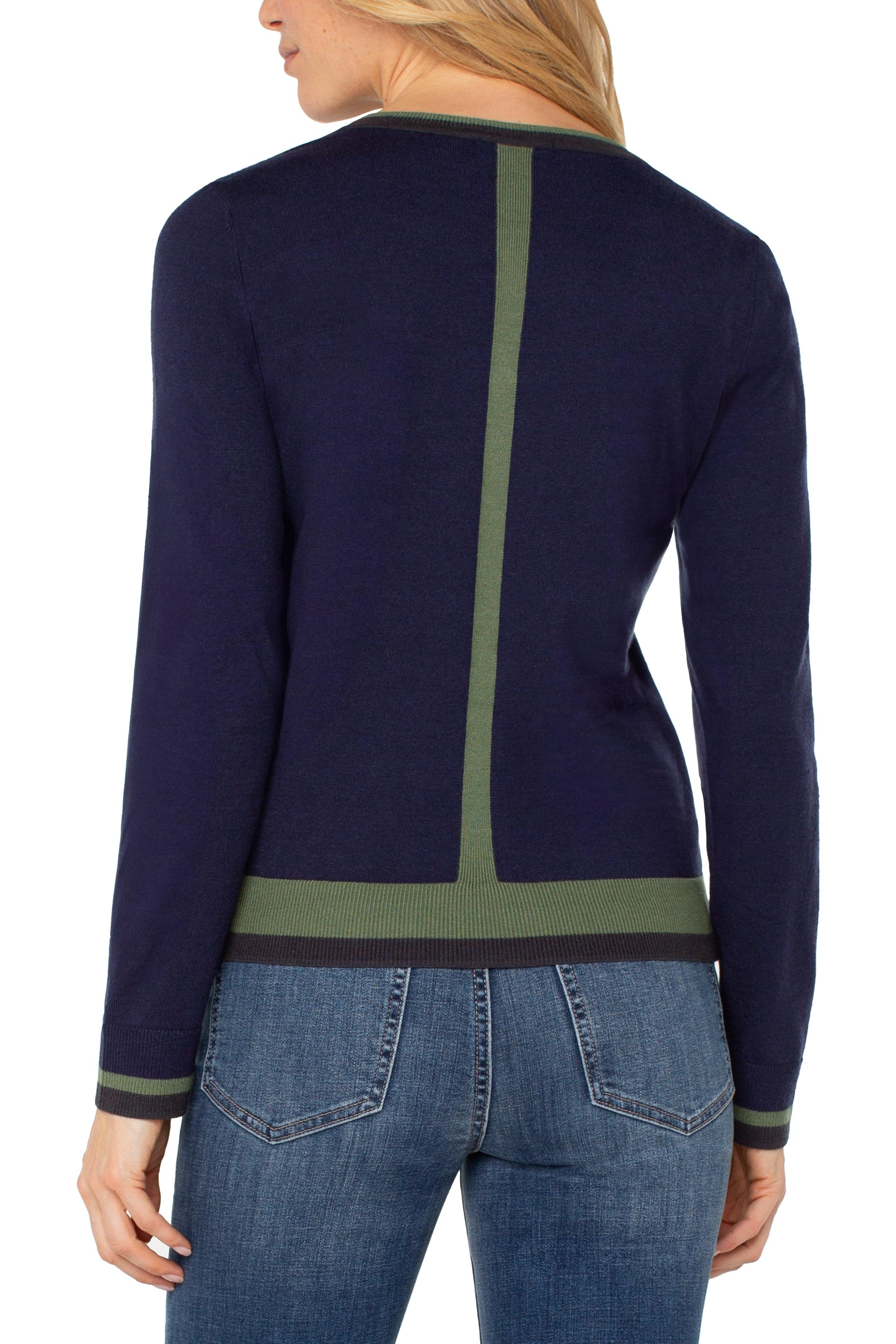 Liverpool Los Angeles Colorblock V-Neck Sweater in Navy & Green-Sweaters-Liverpool-Deja Nu Boutique, Women's Fashion Boutique in Lampasas, Texas