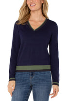 Liverpool Los Angeles Colorblock V-Neck Sweater in Navy & Green-Sweaters-Liverpool-Deja Nu Boutique, Women's Fashion Boutique in Lampasas, Texas